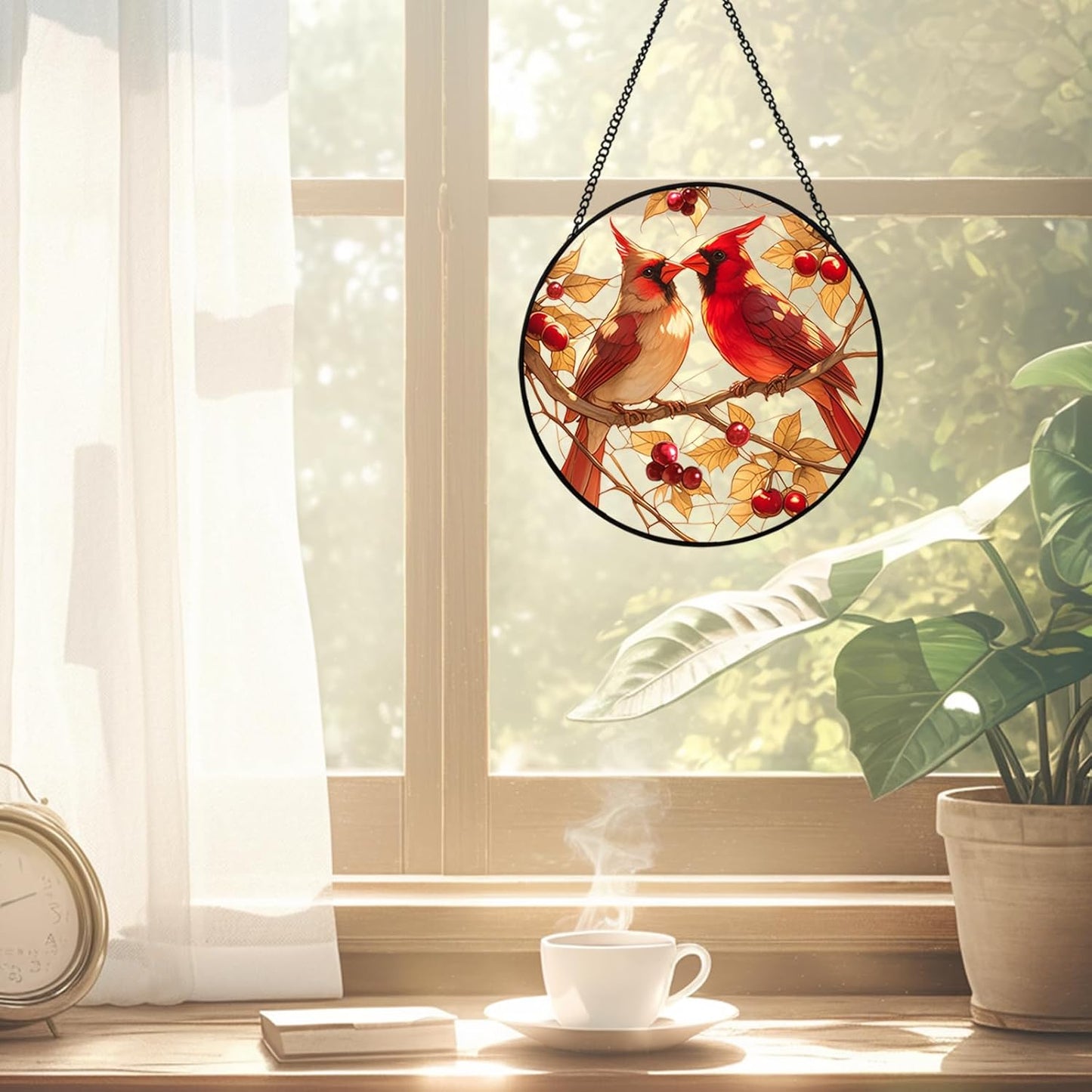 Stained Glass Style Cardinal Suncatcher, 7.87 Inch (20cm) Round Real Glass Window Hanging with Gift Box and Chain, Bird Decor Gift