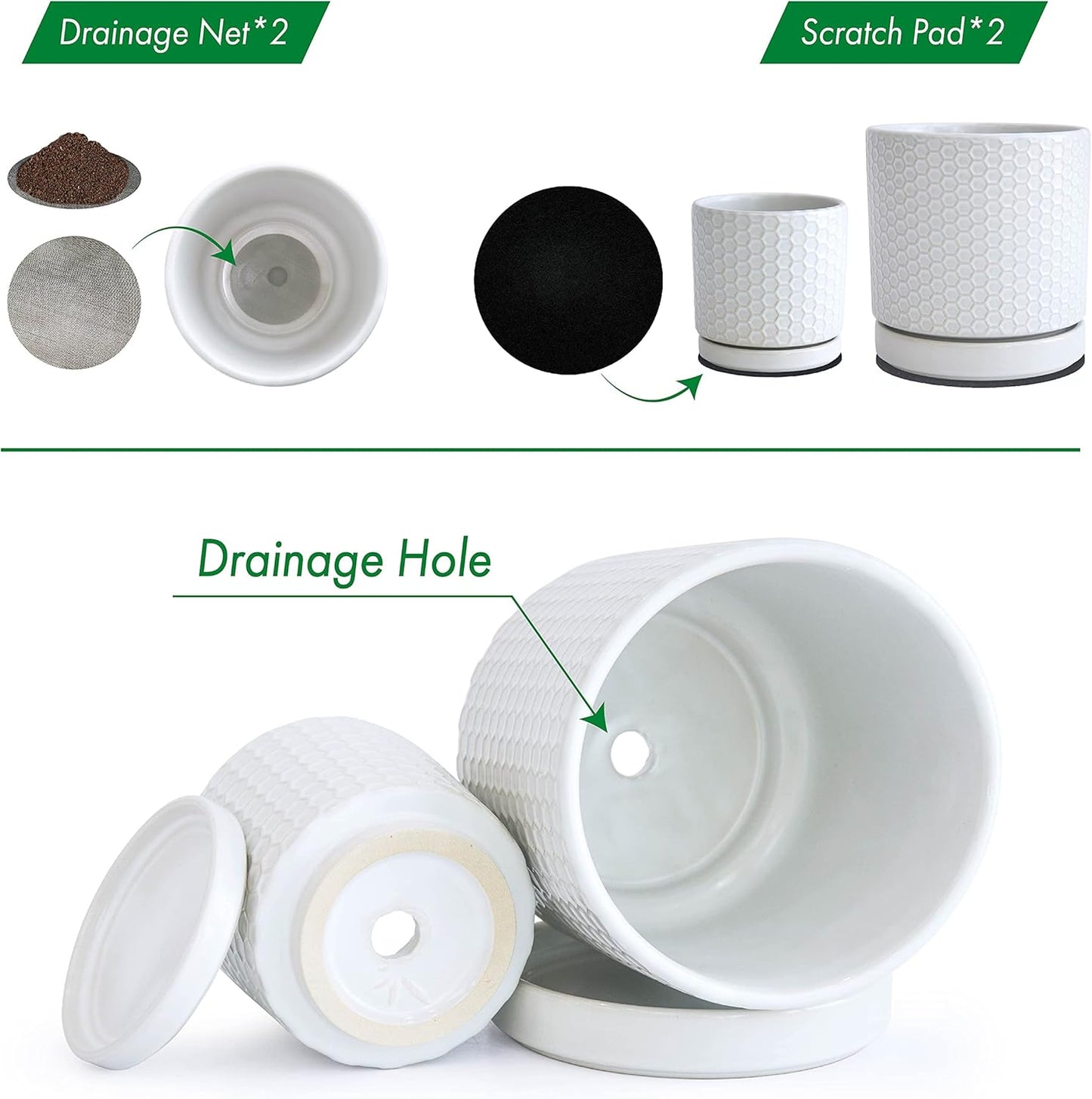 D'vine Dev Set of 2 Modern Matte White Honeycomb Embossed Ceramic Planter Pots with Saucer and Drainage Hole, 4 Inch & 6 Inch, 99-C-1-N