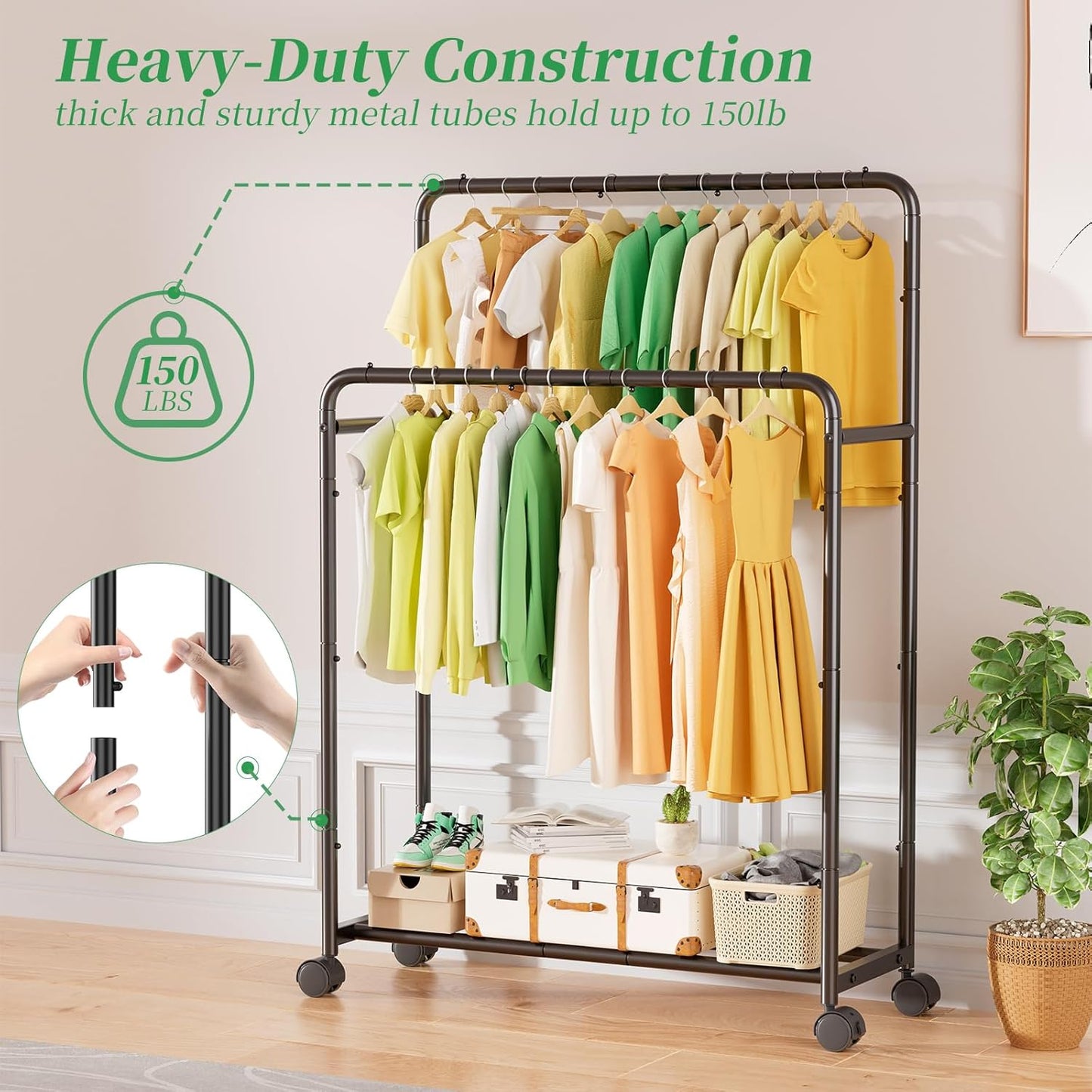 Simple Trending Clothing Clothes Rack Double Rods with Wheels, Rolling Metal Garment Rack for Hanging, Black