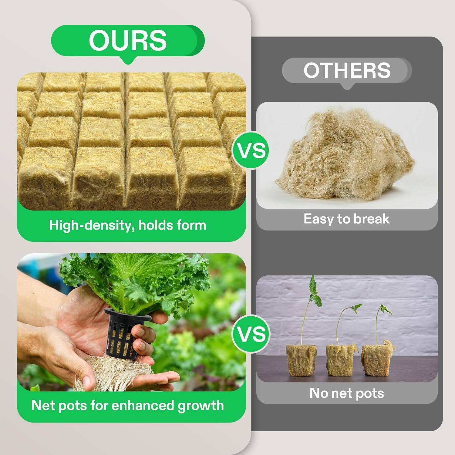 VIVOSUN 72 Rockwool Cubes & Net Pots Set for Hydroponics, 1.2” x 1.2” 