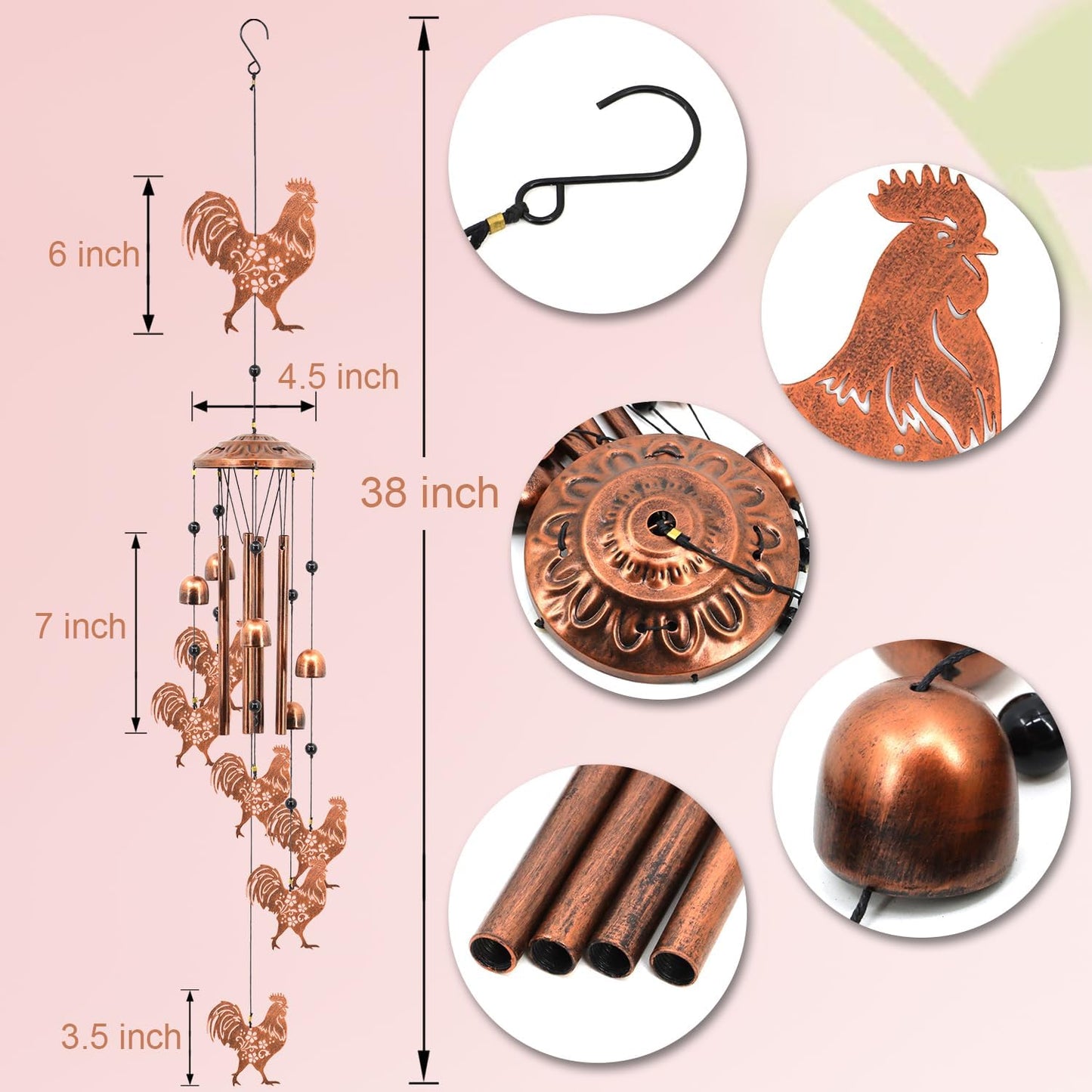 Rooster Wind Chimes for Outside, Rooster Farmhouse Memorial Gifts for Men/Women/Dad/Grandpa, Yard Outdoor Decor, Home Lawn Patio Garden Decoration (Rooster)