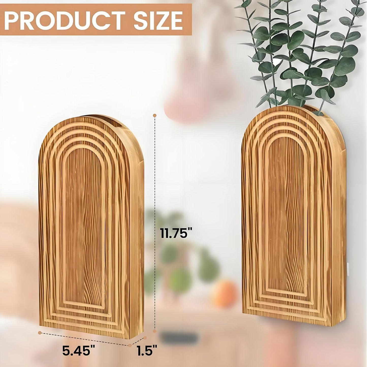 2 Pack Arched Wooden Wall Vases, Boho Wall Mounted Flower Vases with Ripple Texture, Modern Farmhouse Wall Decor for Dried Flowers, Greenery, Bathroom, Bedroom, Living Room (Natural Wood)