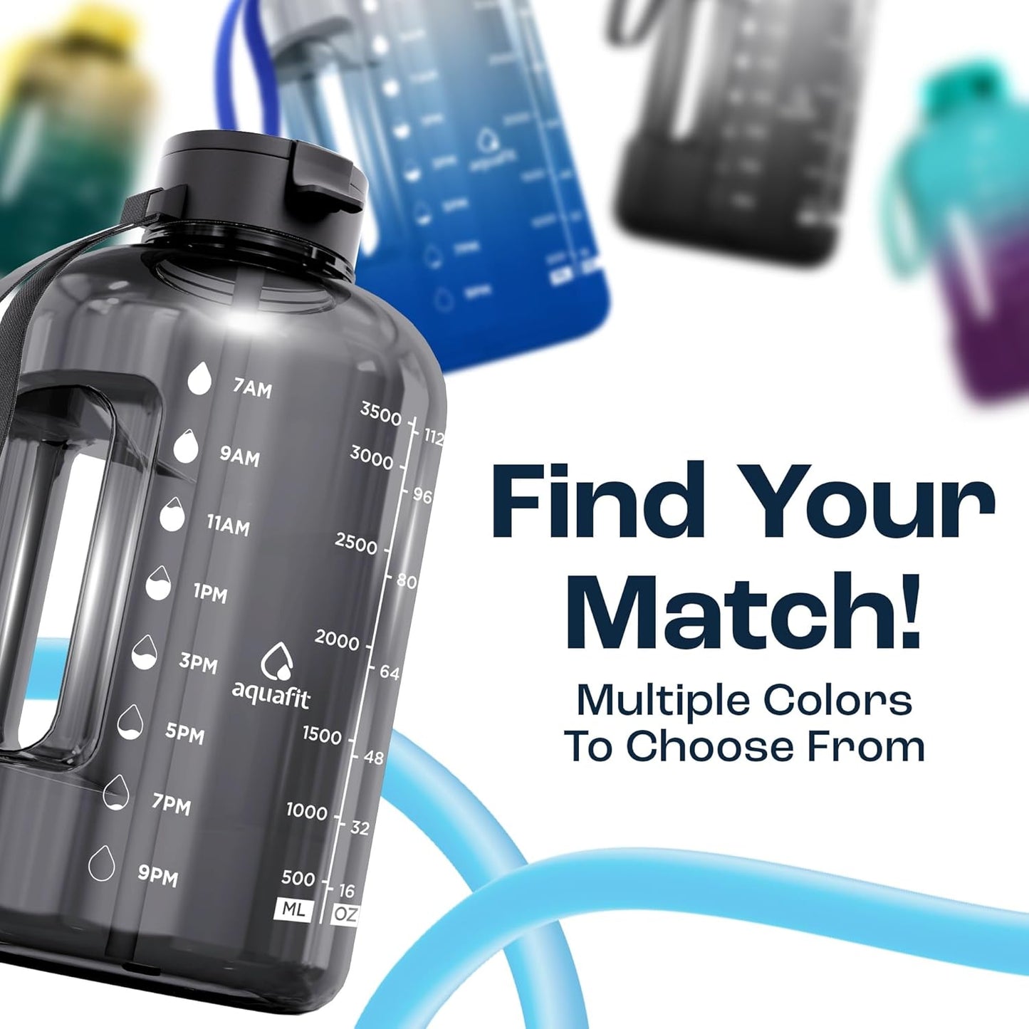 AQUAFIT 1 Gallon Water Bottle with Time Marker - Straw & Chug Lid - BPA Free Gym Water Bottle with Straw - Big Gallon Jug (Gray, 128 oz - 2 Lids)
