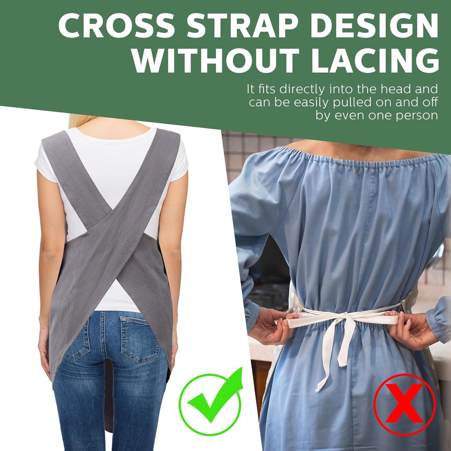 JaGely 2 Pack Japanese Linen Cross Back Kitchen Cooking Aprons for Wom