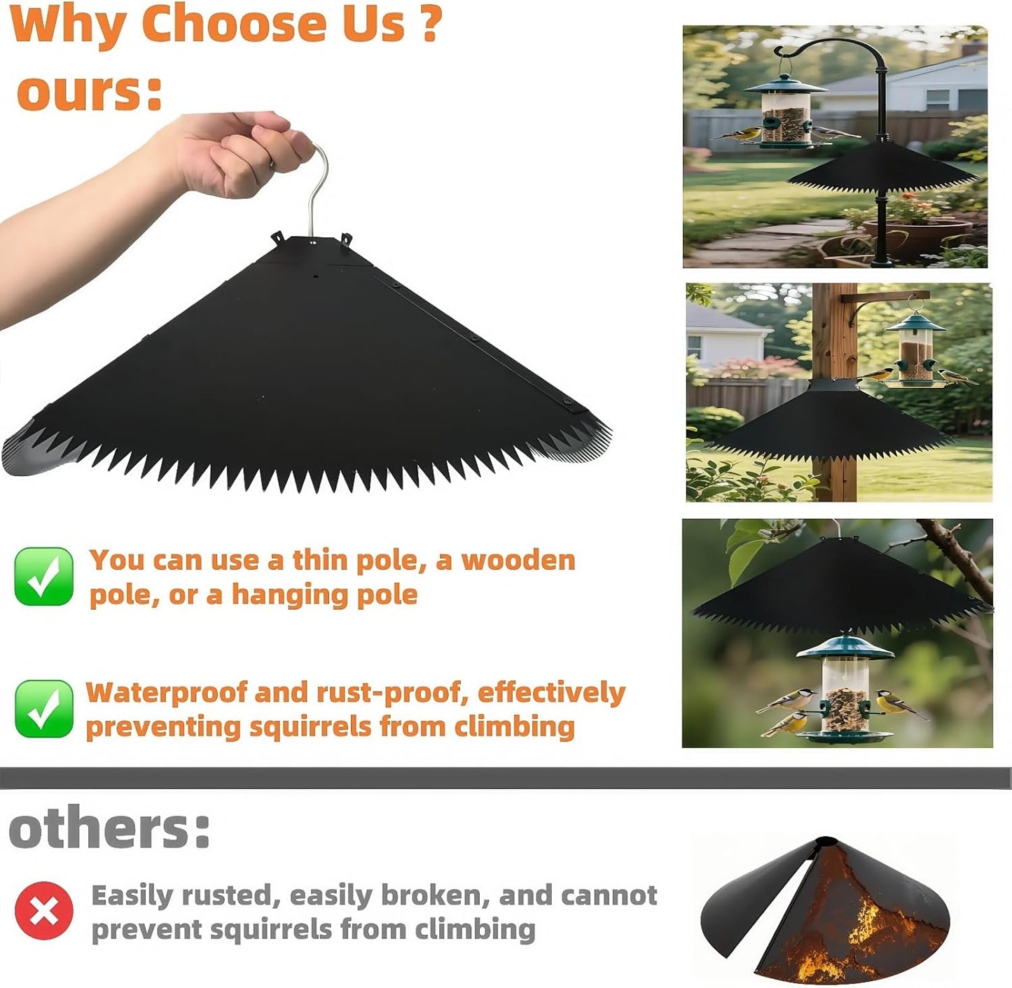 Metal Squirrel Baffle for Bird Feeder Pole, Adjustable Opening Size for 0.4-4.2'' Poles Or Woodpoles, Waterproof, Rust-Proof, Strong, with Hook