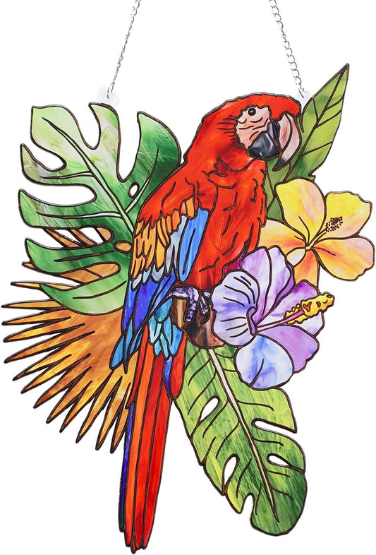 Stained Glass Window Hanging Birds, Marzovitra 12 inch Large Parrot Su