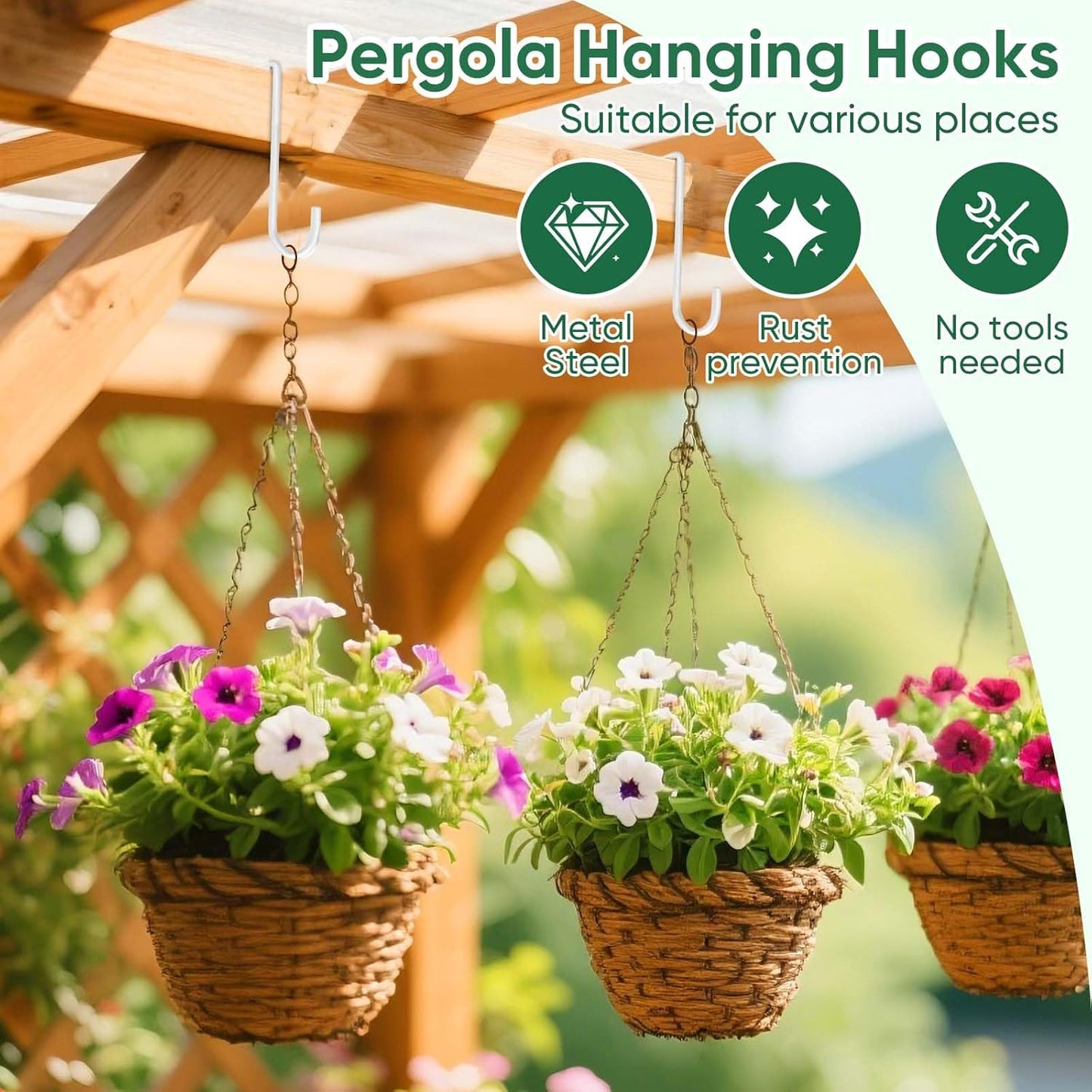 6 Pack 2 x 6 inch Vinyl Fence Hooks Patio Hooks White Powder Coated Steel Hangers fits Easily for Indoor & Outdoor Hanging Lights, Plants & Planters, Bird Feeder, Pool Equipment