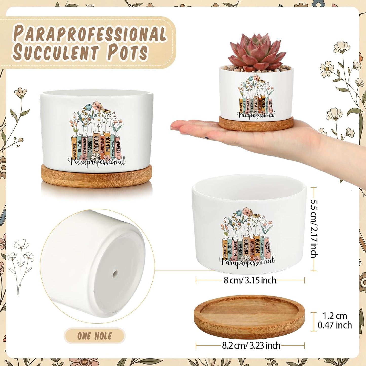 12 Pcs Paraprofessional Appreciation Gifts Succulent Planter Pots Ceramic Mini with Bamboo Trays Bulk for Coworker Office Staff Birthday Graduation Gifts, Plants Excluded