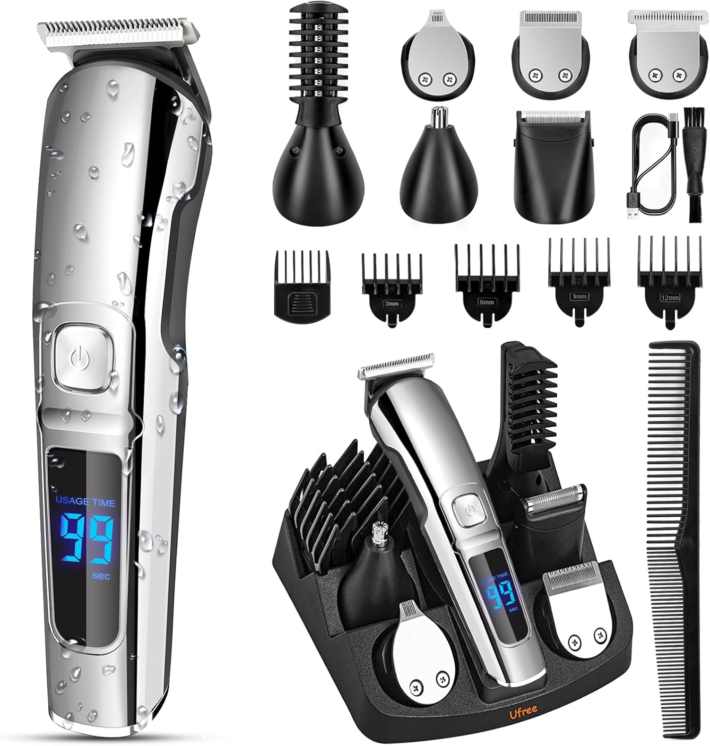 Ufree Beard Trimmer for Men, Waterproof Electric Razor for Nose, Body,