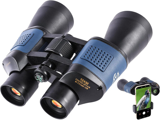 12x50 High Powered Binoculars - HD Low Light Vision for Bird Watching/Hunting/Cruise, Waterproof with Compass & Phone Adapter