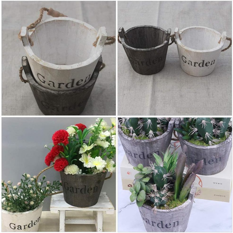 Hemoton Wooden Barrel Planter 2Pcs Set Rustic Bucket Flower Pot Decoration with Handle for Indoor Outdoor Succulent Plants