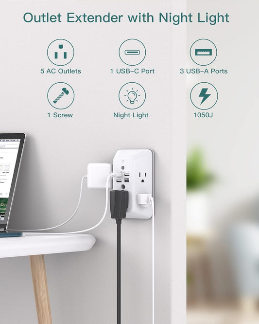 Surge Protector, Outlet Extender with Night Light, Addtam 5-Outlet Spl