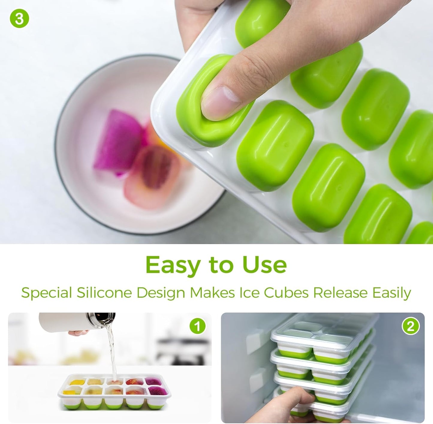 DOQAUS Ice Cube Tray with Lids - 4 Pack Stackable Silicone Ice Trays for Freezer, BPA & LFGB Safe, Easy Release for Kitchen, RV, Cocktail, Coffee, Soup & Food