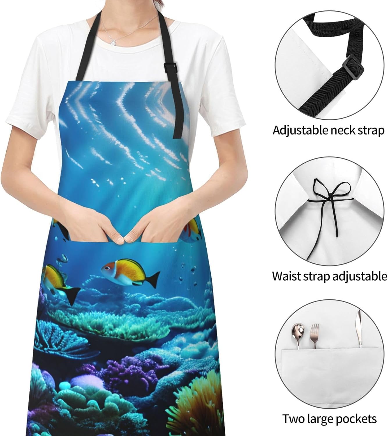 Tranquil Underwater Scenery Print Laundry apron 28x33 In Waterproof Kitchen Apron with Pockets for Cooking Baking