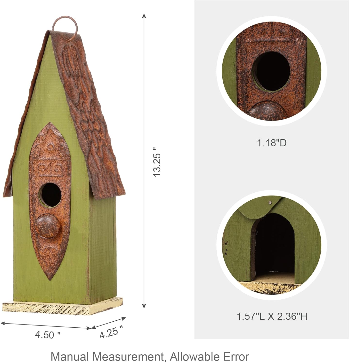 Glitzhome Vintage Hanging Birdhouse - Green Distressed Solid Wood Weatherproof Cottage Bird Shelter & Rustic Decor for Garden/Patio - Ready-to-Hang (13.25")
