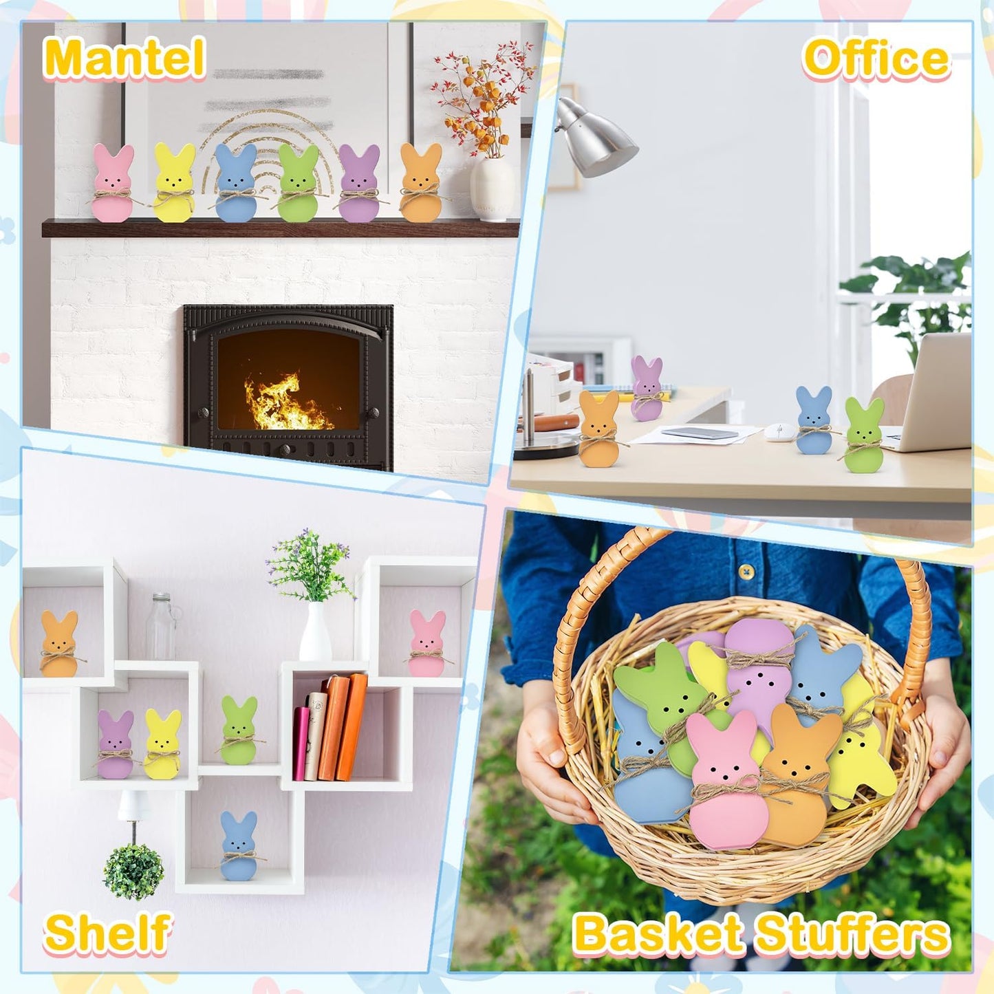 Easter Bunny Decorations for Home Table,6 PCS Spring Wooden Peeps Centerpiece Signs Decor with Hemp Rope for Indoor Office Tiered Tray,Easter Basket Stuffers Wood Gifts Stuff for Mantel Shelf Bathroom