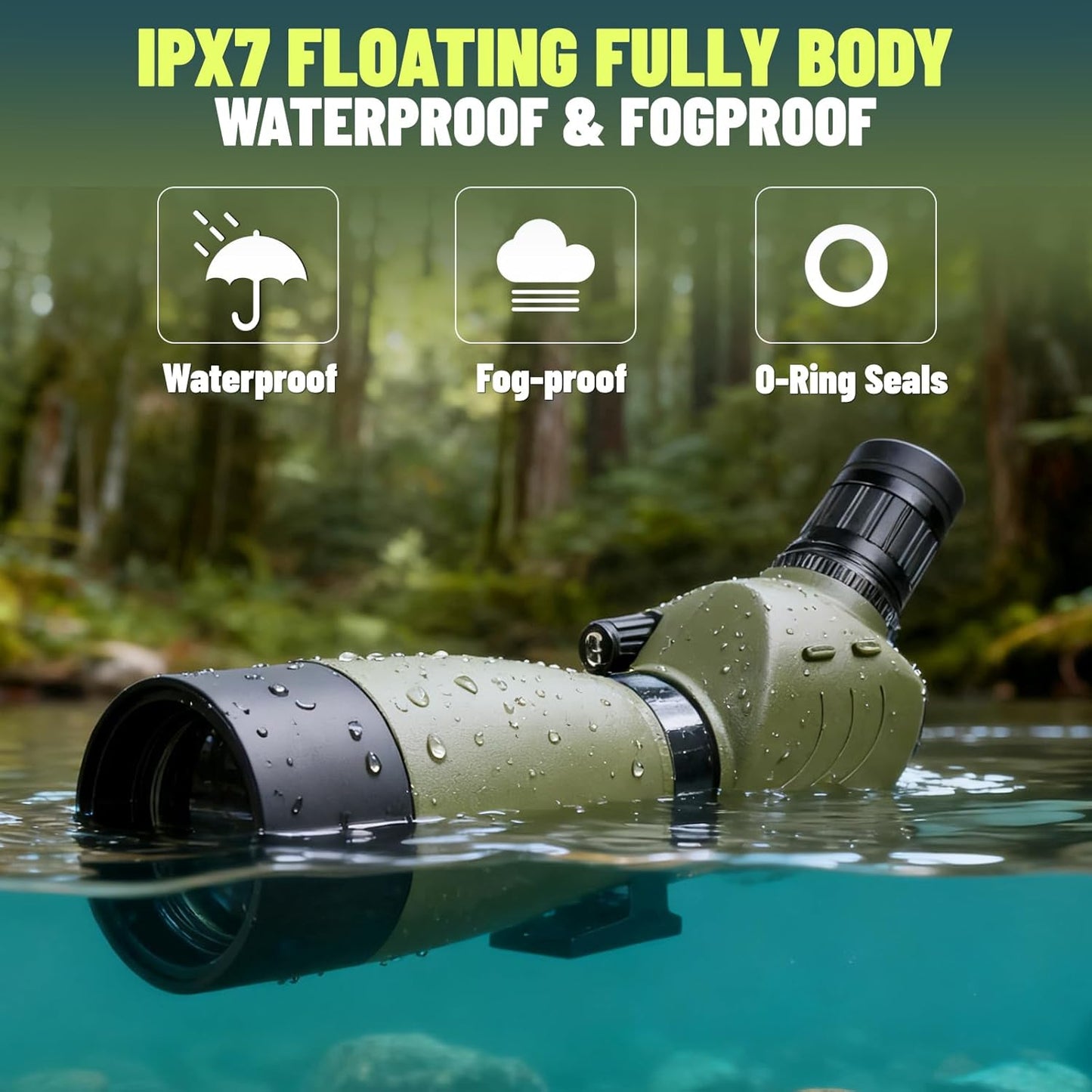 20-60x60 Spotting Scope, IPX7 Floating Waterproof Spotting Scopes for Target Shooting with Tripod BAK4 Prism & FMC Lens, Spotter Scope for Birding Wildlife Viewing, Phone Adapter Carrying Bag, Green