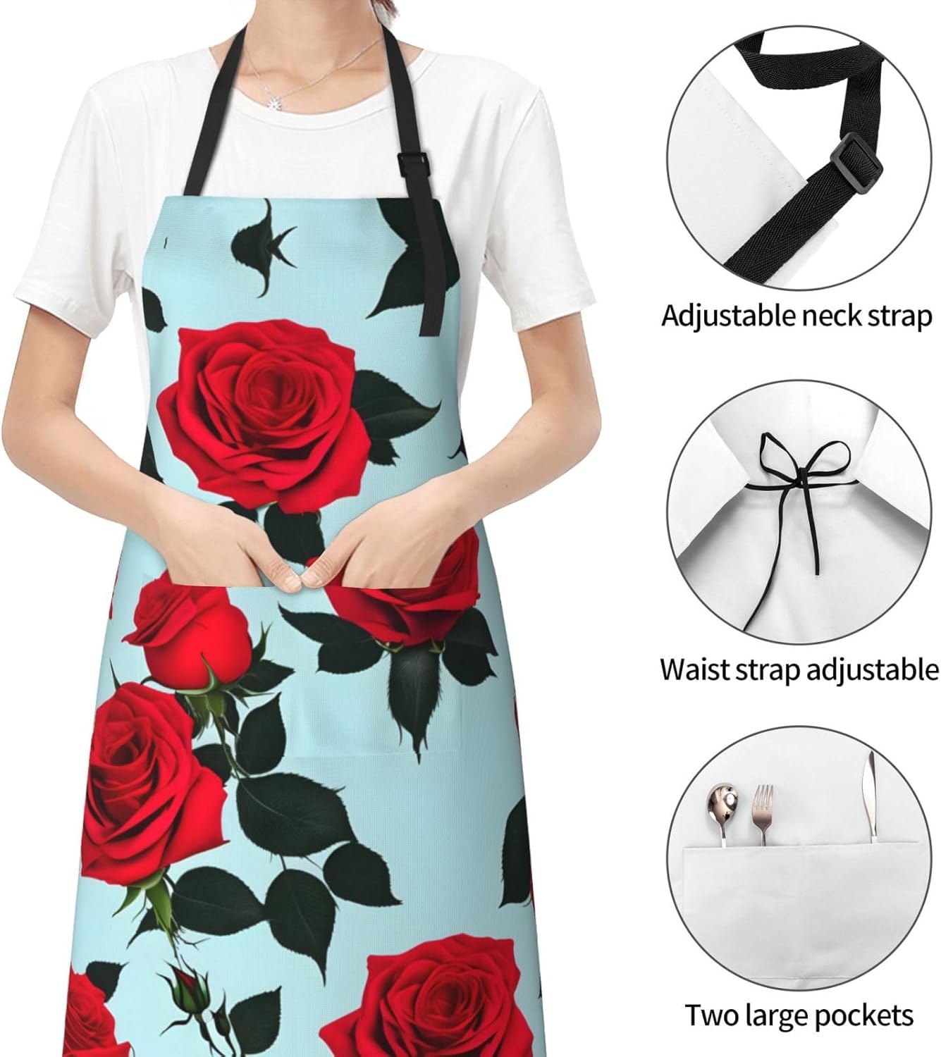 Red Rose print Waterproof chef's apron with pocket apron for kitchen cooking baking barbecue and gardening