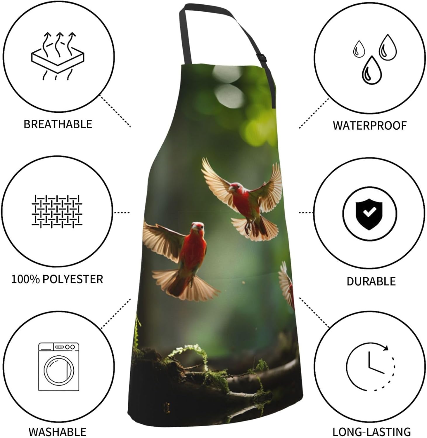 red Birds print Waterproof apron with pocket adjustable cooking apron 