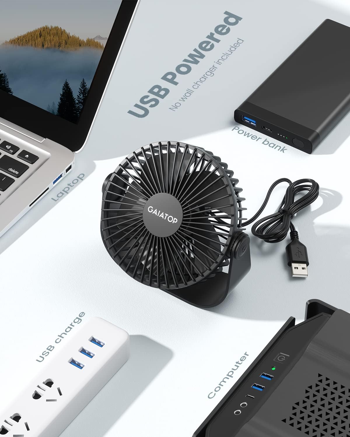 Gaiatop USB Desk Fan, 3 Speeds Strong Airflow, 5.5 Inch Portable 90° R