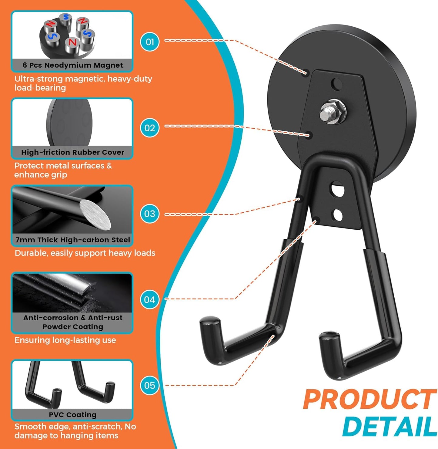 6 Pack Heavy Duty Storage Magnetic Utility Hooks, Ndfeb Strong Large Garage Magnet Hooks, Extra Big Magnetic Hook, Industrial Magnet Holder for Hanging Power Drill Broom Garden Tools Pegboard