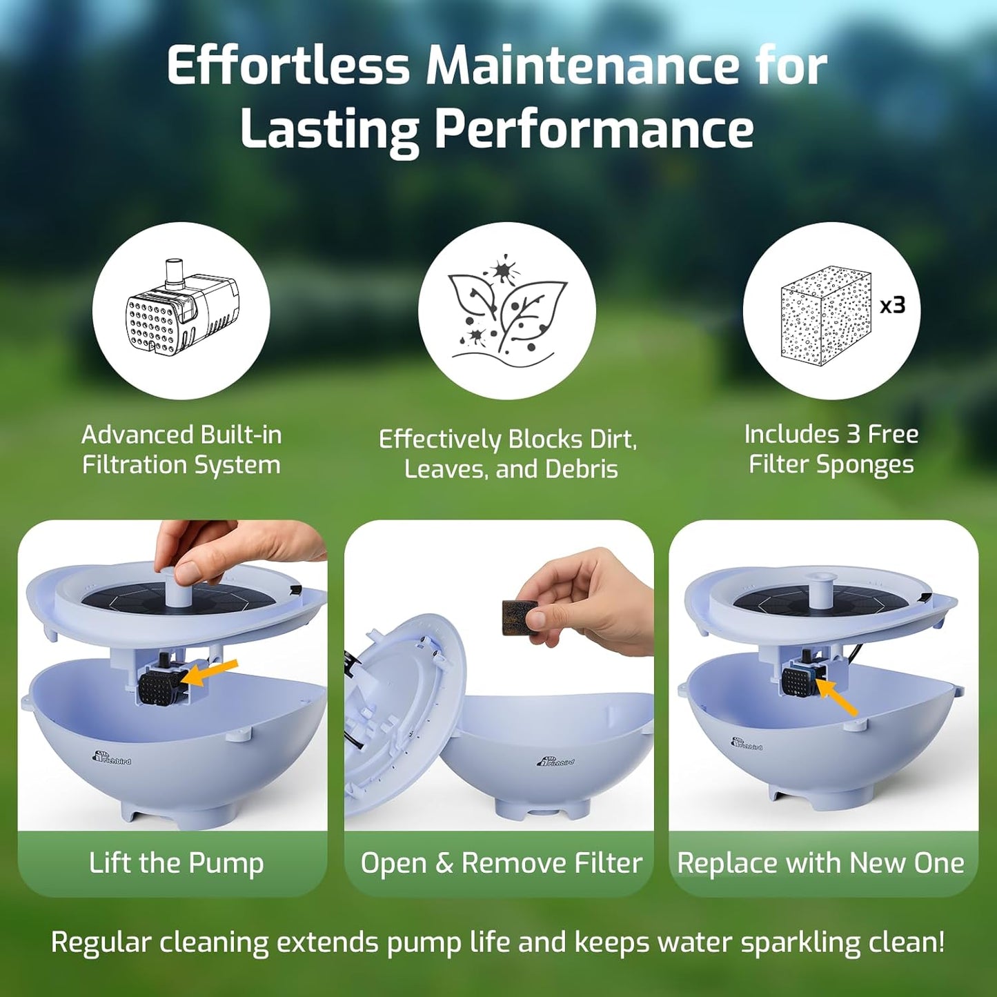 Solar Bird Bath with Fountain and Battery Backup, 3-in-1 Hanging or Freestanding Birdbath, Low-Water Protection & 3 Nozzles for Garden Patio Decor (Sky Blue)