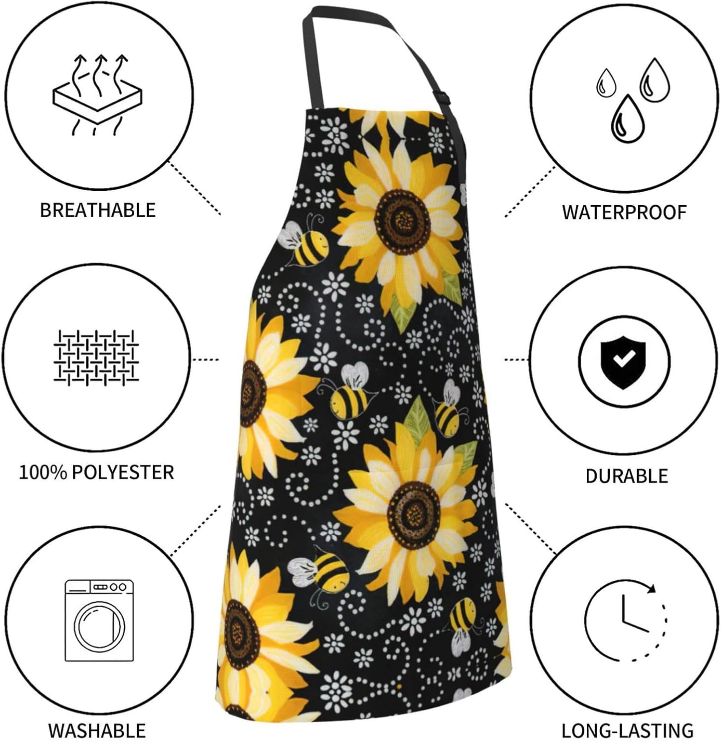 Sunflower bee print Waterproof apron with pocket adjustable cooking ap