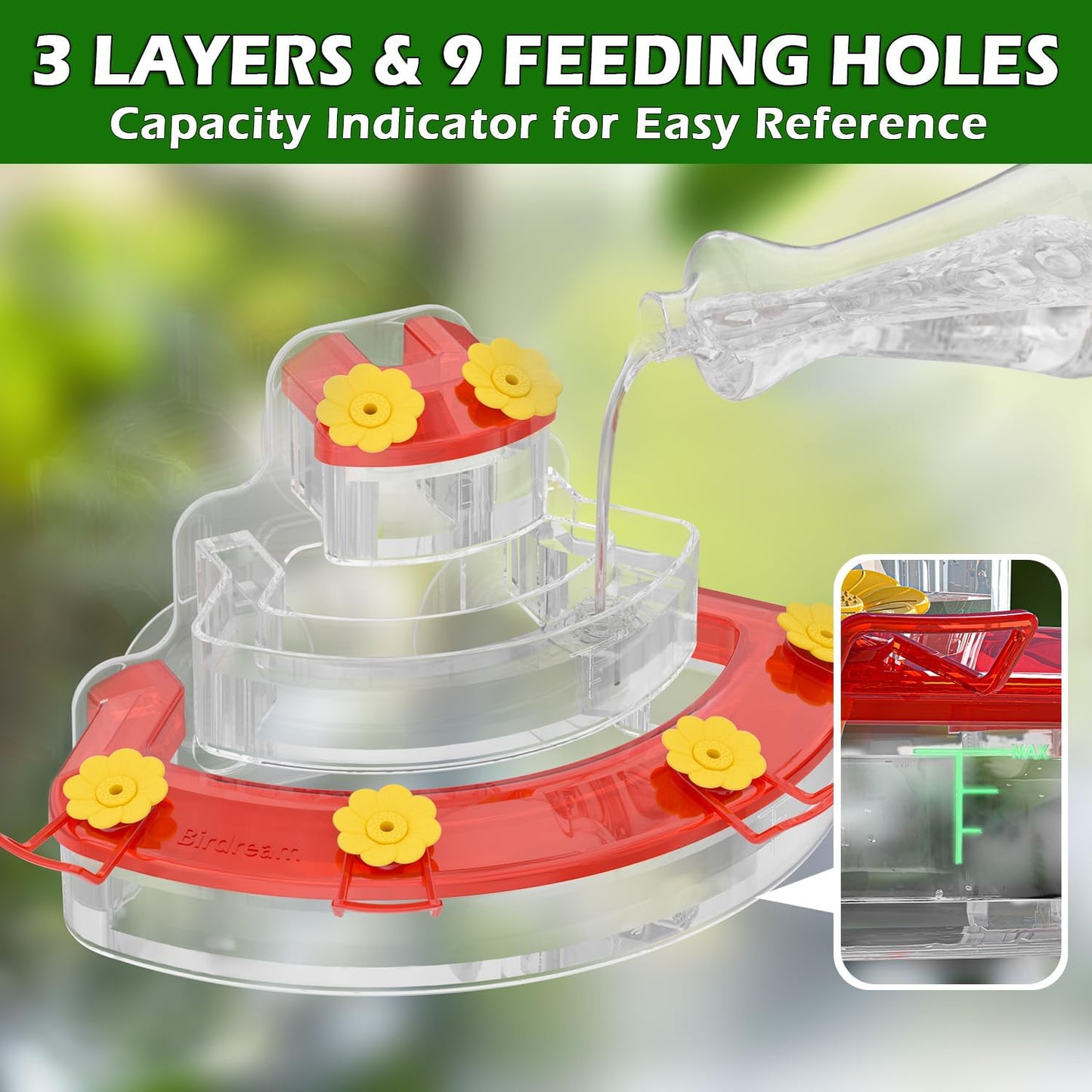Birdream 2 Pack Window Hummingbird Feeders 18oz, 9 Feeding Ports & Brush Cake Design Hummingbird Feeder, Attracting Ruby Throated Anna Rufous - Red