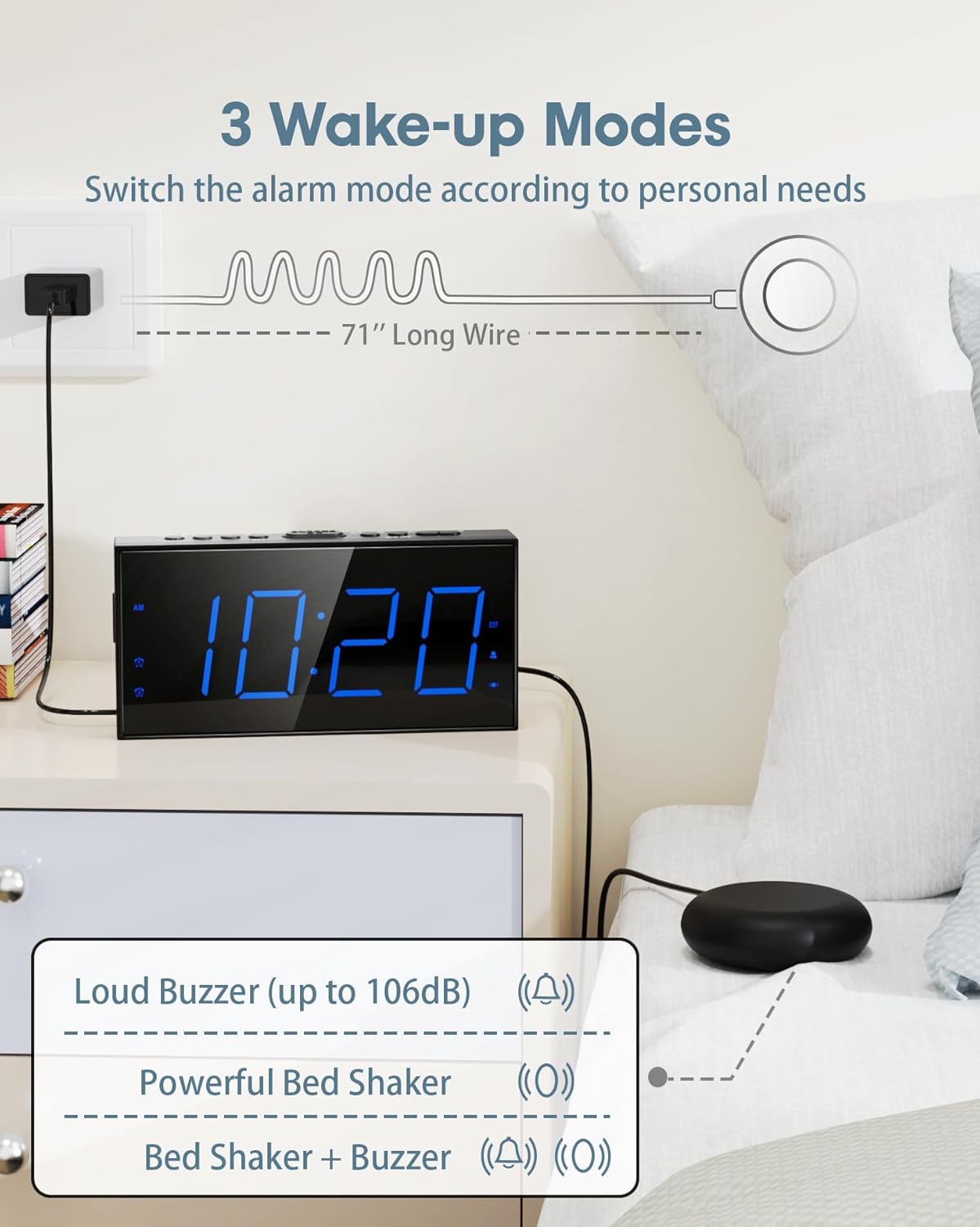 Roxicosly Loud Alarm Clock with Bed Shaker, Vibrating Alarm Clock for Heavy Sleepers/Hard of Hearing/Deaf,Dual Alarms, 7.5’’ Large LED Display, Dimmer, USB Charging Port, Plug-in with Memory Function