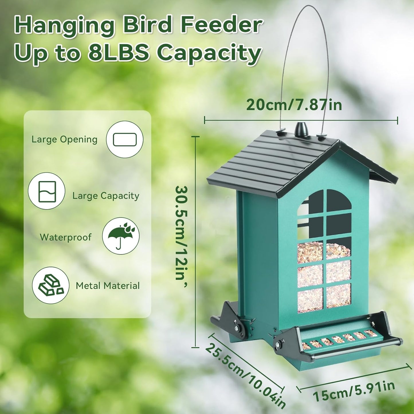 2026 Squirrel Proof Bird Feeder for Outdoors Hanging, 8LBS Metal Hanging Bird Feeder with Bilateral Weight-Activated Perches, Large Capacity Wild Bird Feeder - Squirrel Chewing Proof（Green）