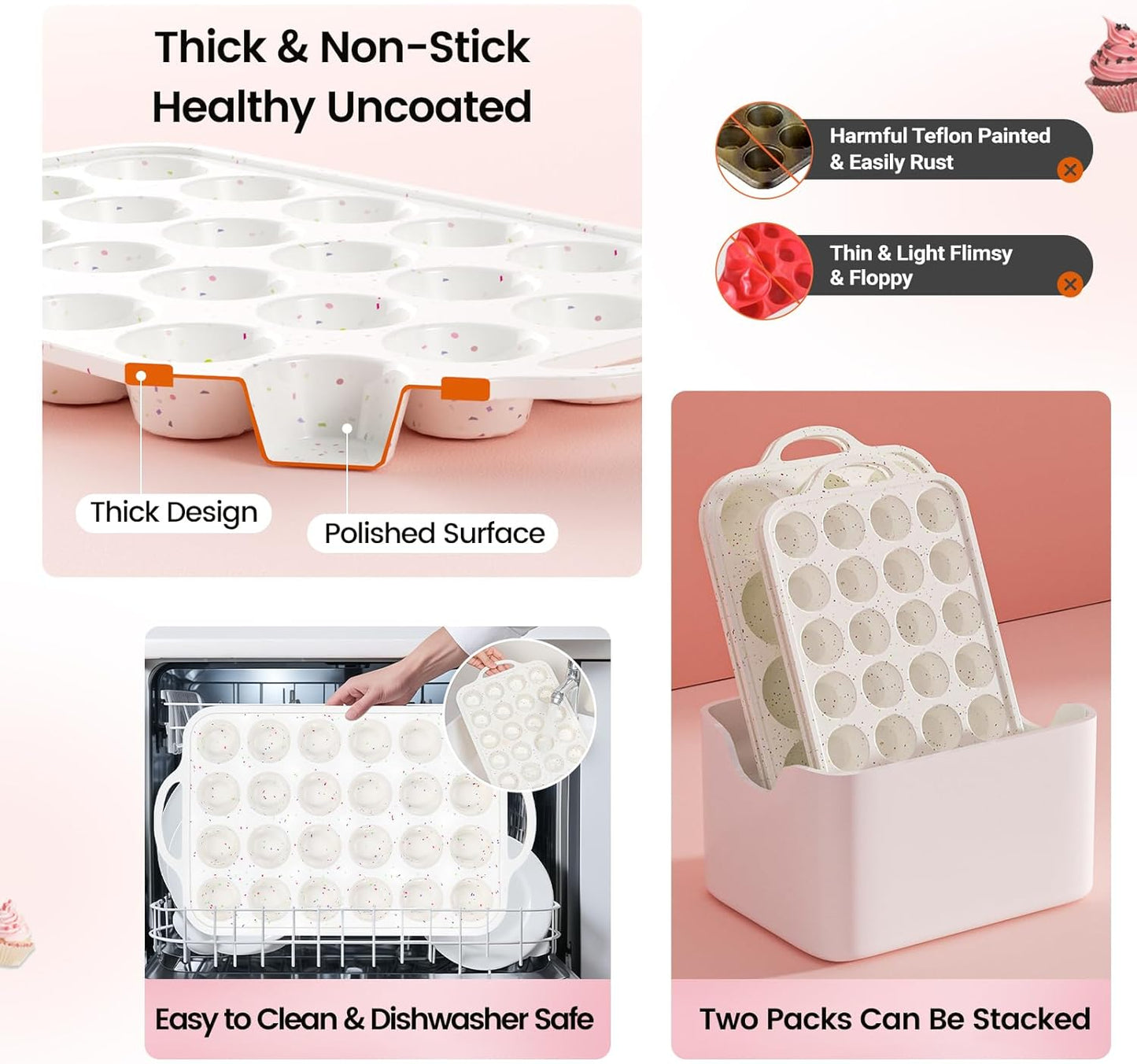 Silicone Mini Muffin Pan With Metal Reinforced Frame - 24 Cups Durable