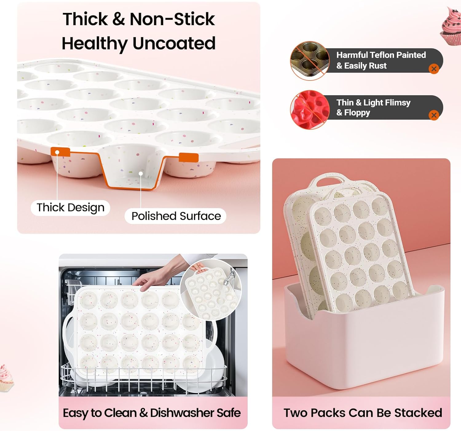 Silicone Mini Muffin Pan With Metal Reinforced Frame - 24 Cups Durable