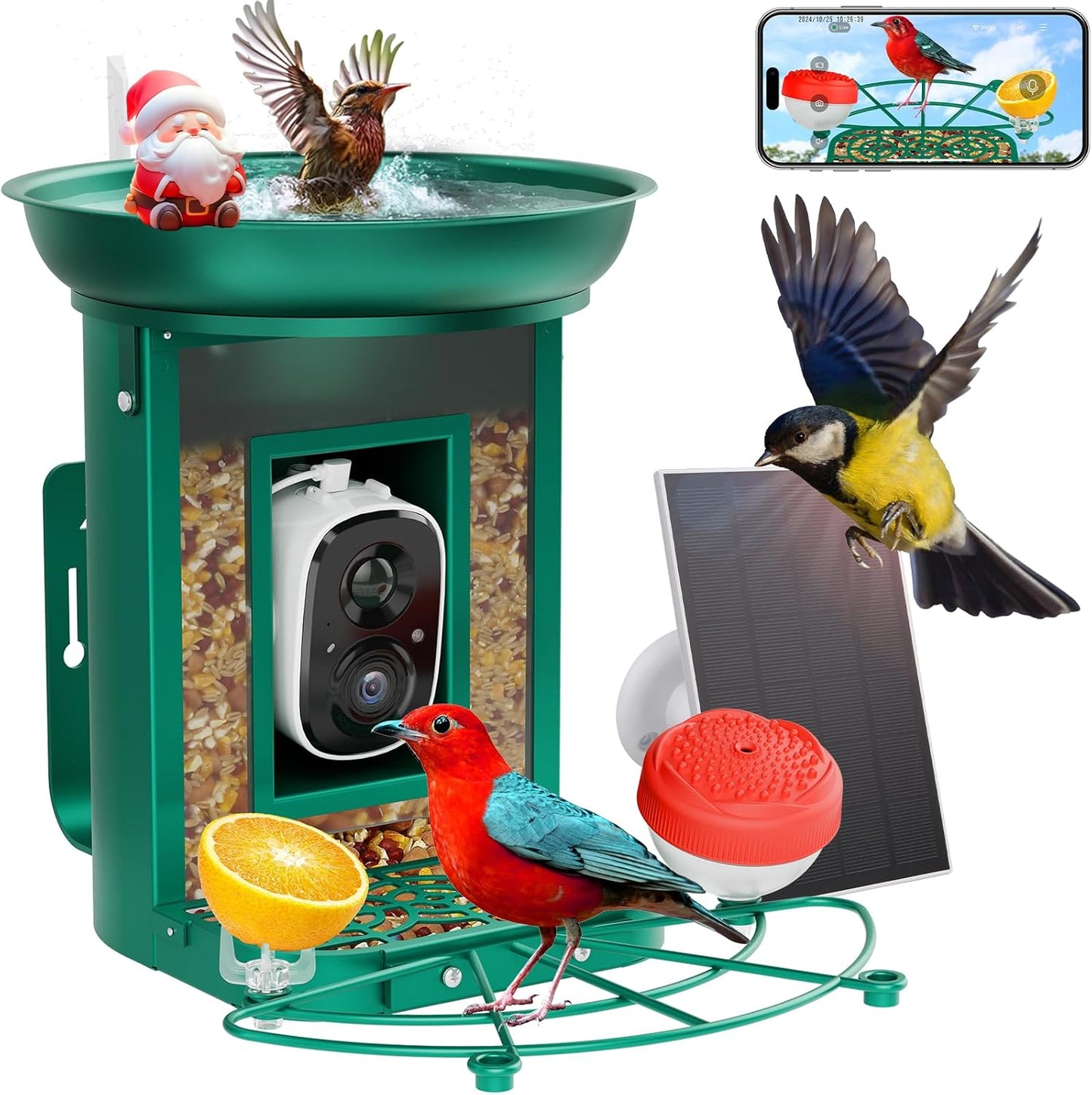 Bird Feeder with Camera, 2K Birds Camera with 3-in-1 Feeding, Drinking, and Bathing | AI Identify, Real-Time Monitoring and Alerts | IP65 and Squirrel-Proof for Outdoors, Gift for Bird Lovers