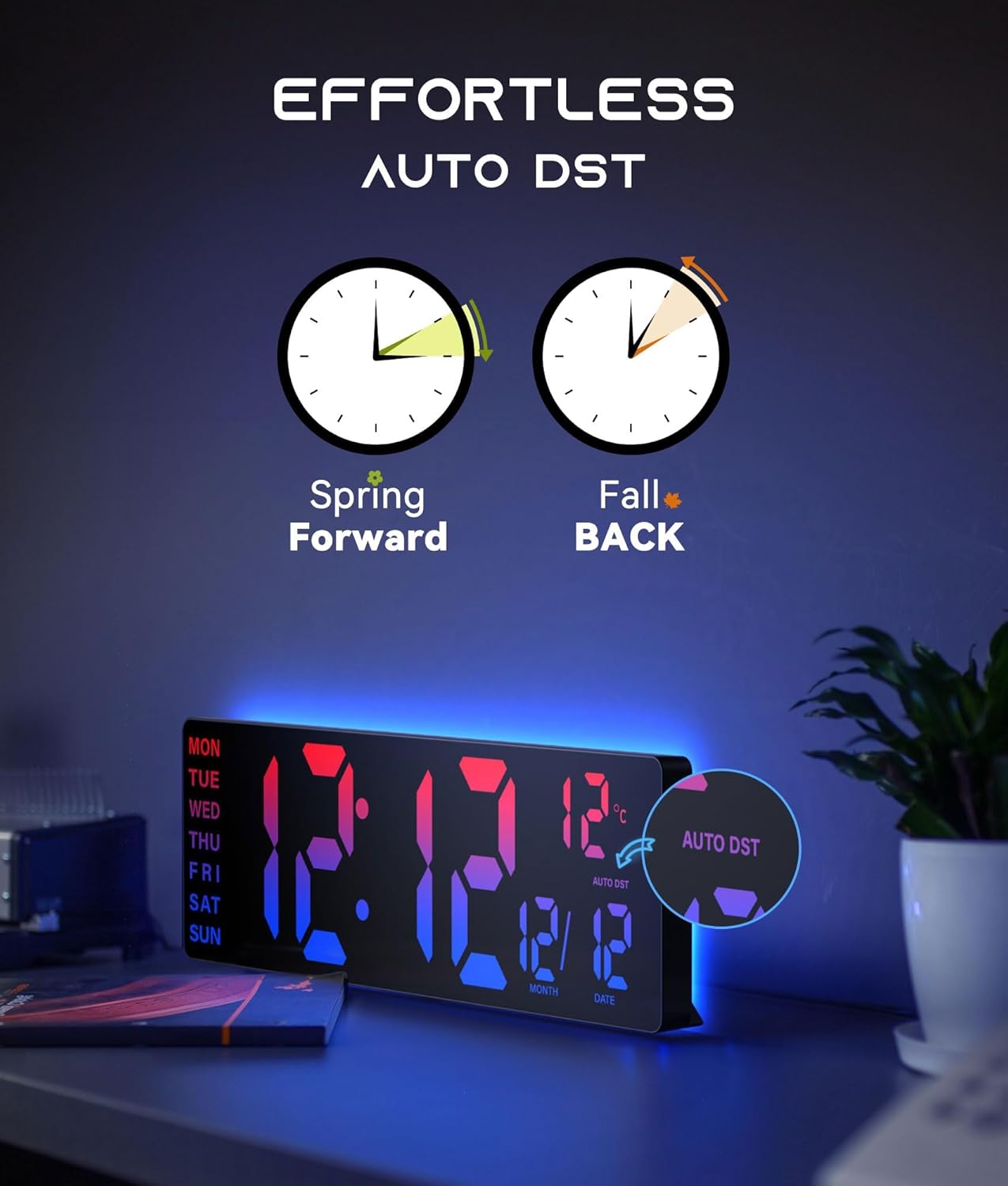 16.5" Large Digital Wall Clock with BT Sync, RGB Lights with 11 Scenes
