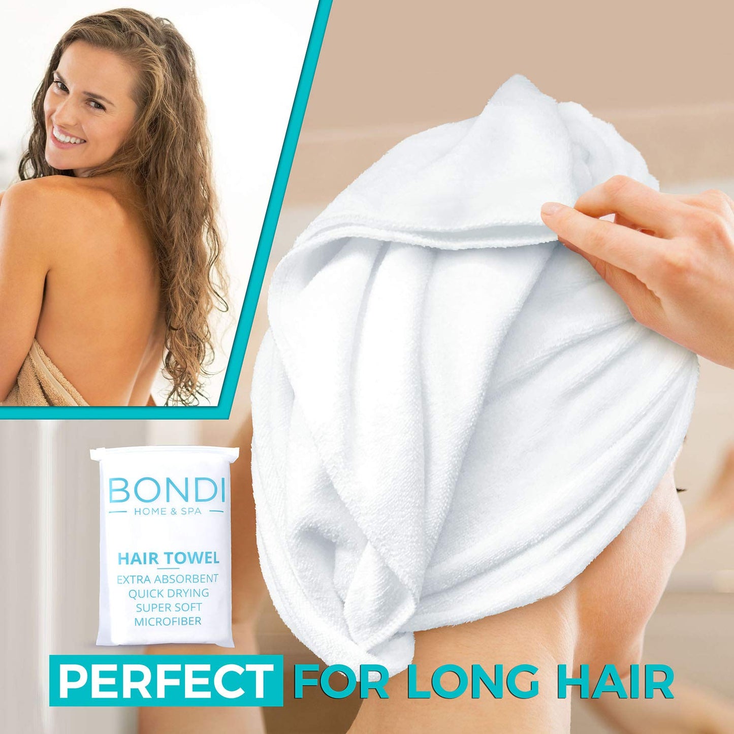 Bondi SPA 극세사 헤어 타월 - 머리카락을 50% 빠르게 건조 - 모든 모발 유형에 맞는 곱슬거림 방지 타월 - 흡수력이 뛰어나고 부드러움 - XL (직사각형)