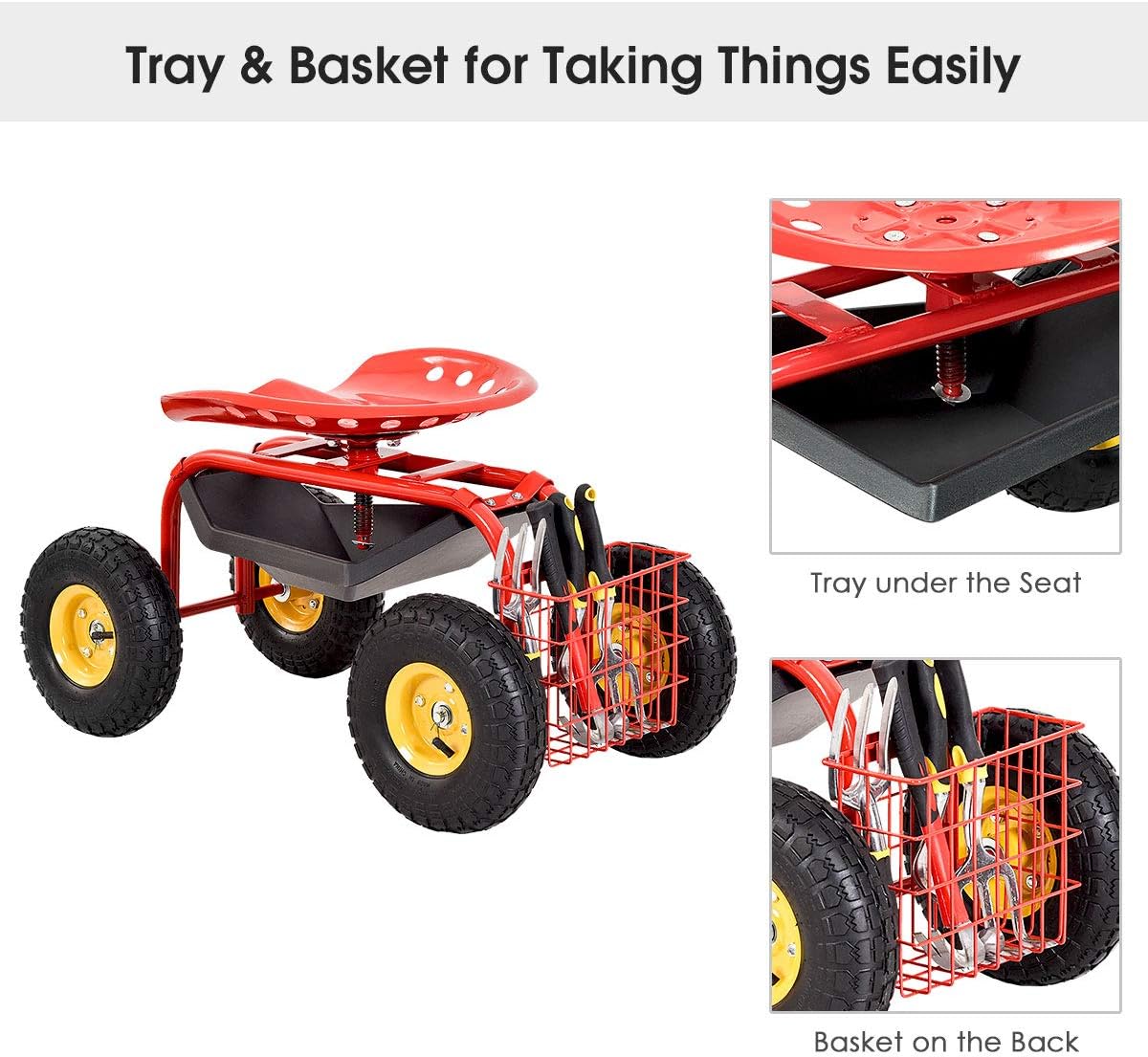 Squareful 4 Wheels Garden Cart, Patio Rolling Workseat w/Tool Tray, & Storage Basket, Outdoor Wagon Scooter for Planting, Rubber Tires & Adjustable Height for Lawn, Garden, Patio, Backyard (Red)