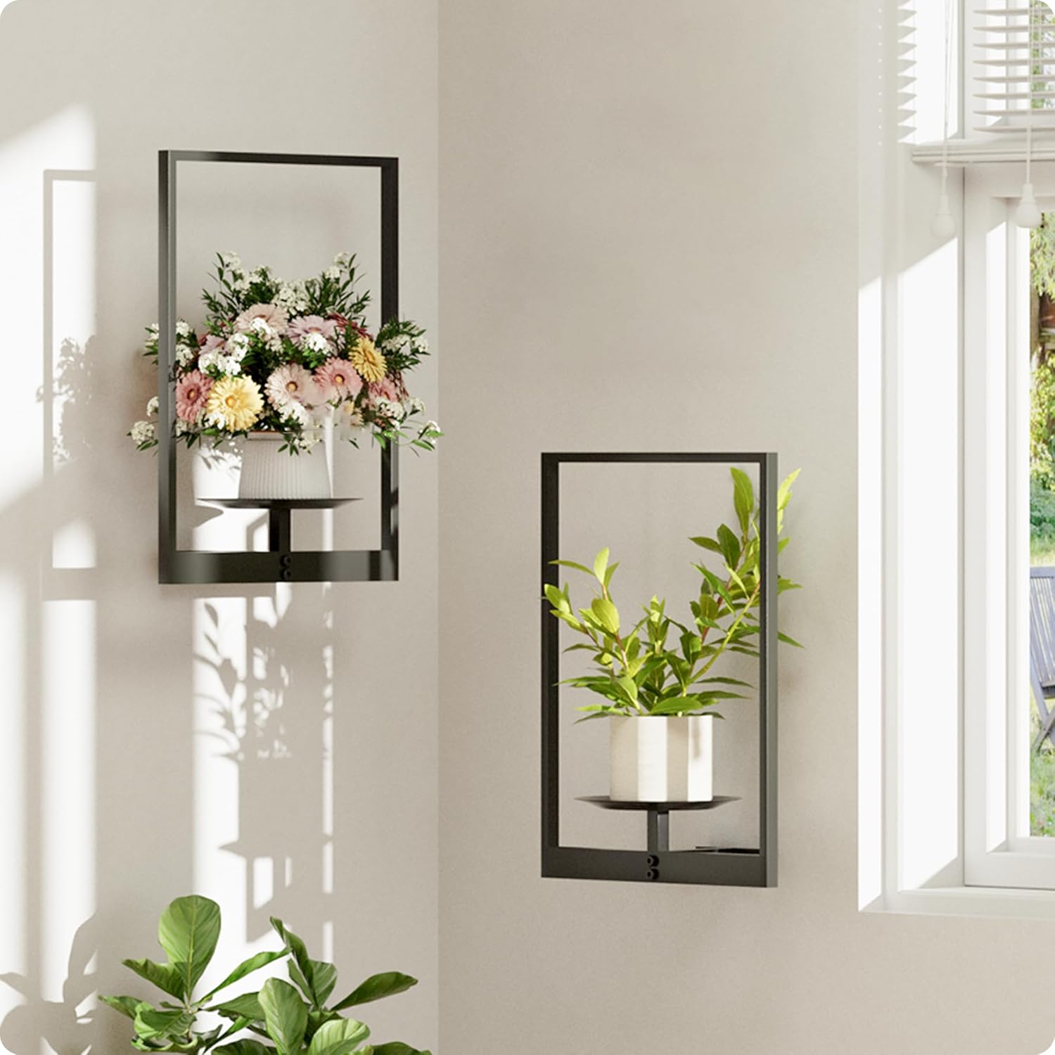 Black Metal Wall Plant Holder - 2-Pack Wall Mounted Plant Stands and H