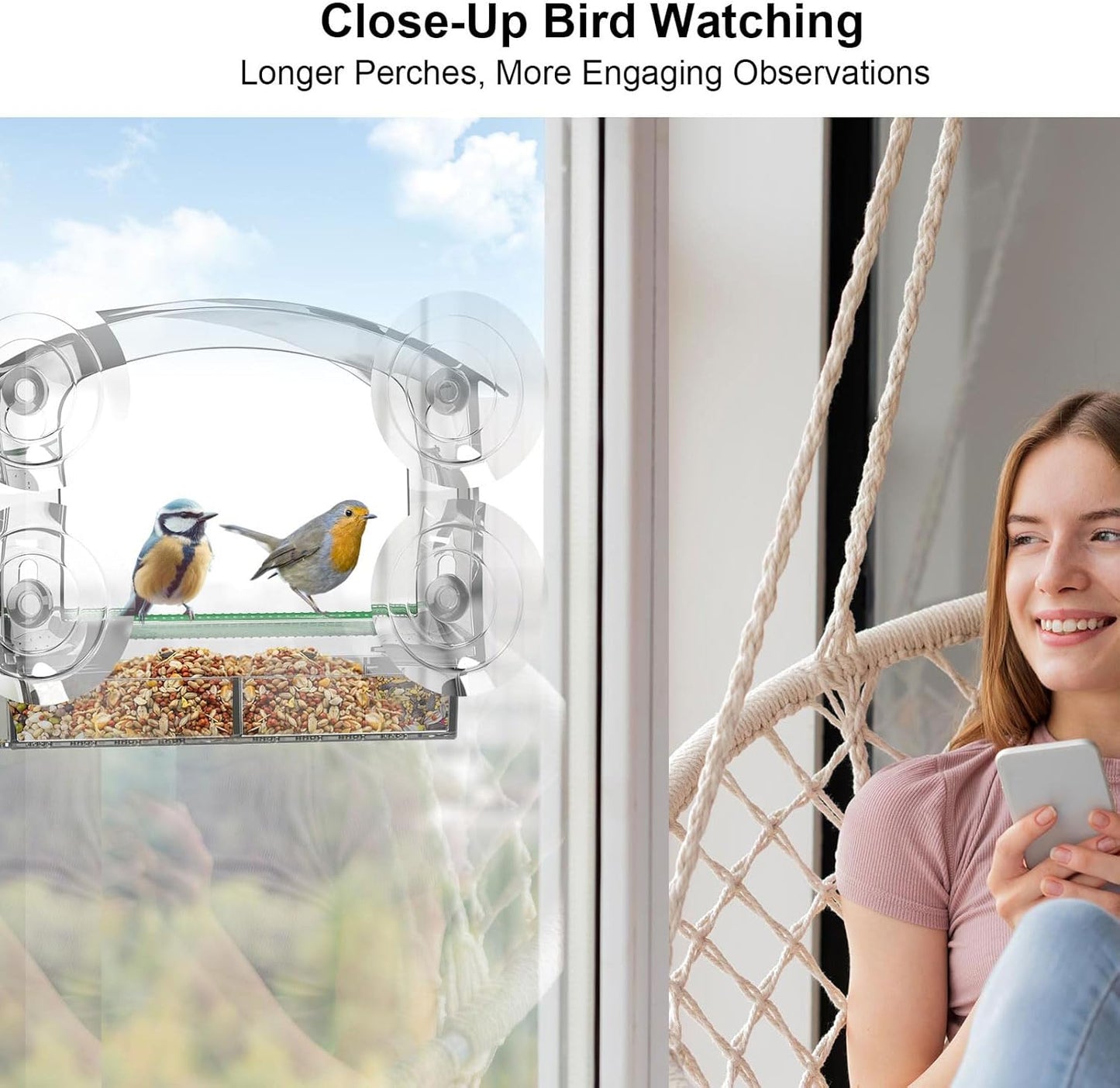 Clear Window Bird Feeder with 4 Strong Suction Cups, Removable Tray & Drain Holes – Ideal for Bird Watching with Cats – Great Gift for Family & Friends