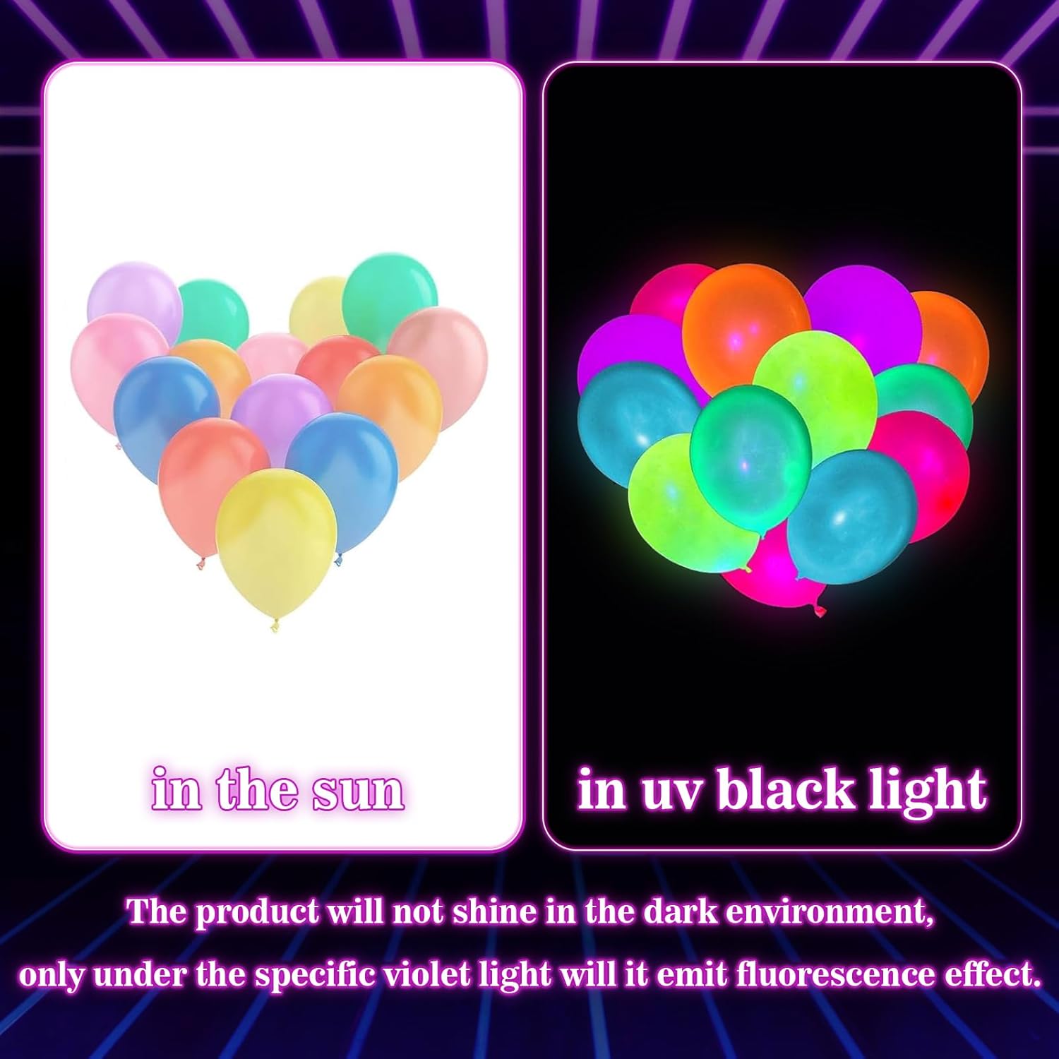 100 Pcs UV Neon Balloons, Neon Glow Party Balloons UV Black Light Ball