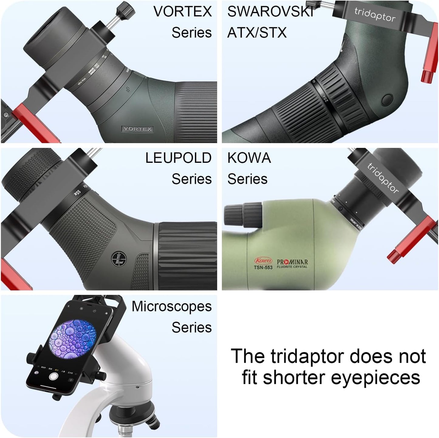 tridaptor - Universal Digiscoping Adapter | High-Precision Phone to Telescope 3-Axis Metal Holder Mount for Spotting Scope Monocular Microscope|Fits 2.4" Eyepiece Max&Most Cell Phone Camera