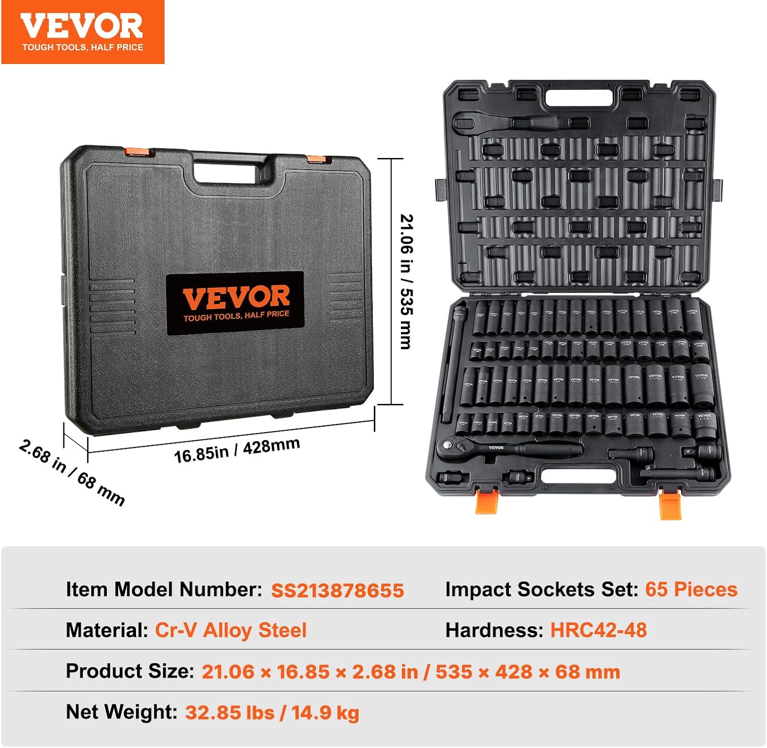 VEVOR 1/2" Drive Impact Socket Set, 65 Piece SAE 3/8" to 1-1/4" and Me