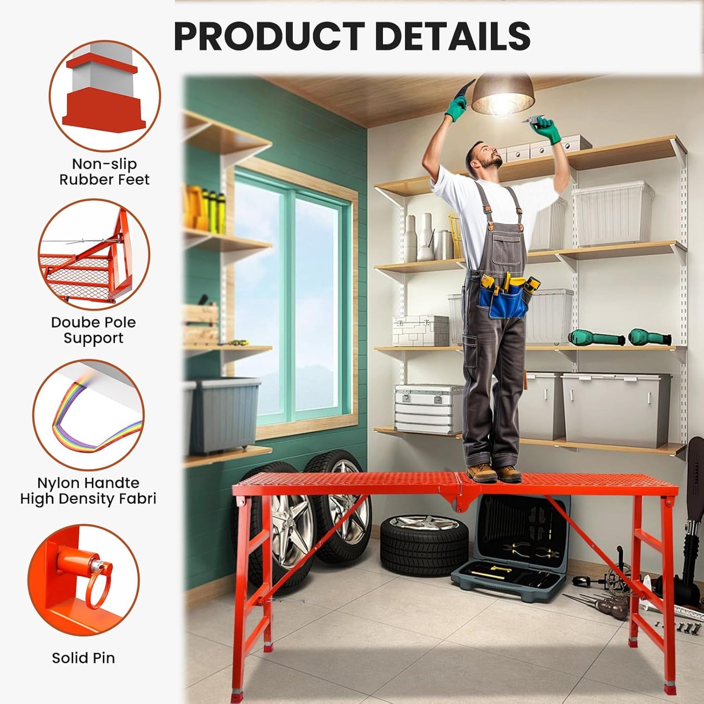 Foldable Scaffolding Platform, 70.8x15.2x36.2-62 Inch Portable Work Pl