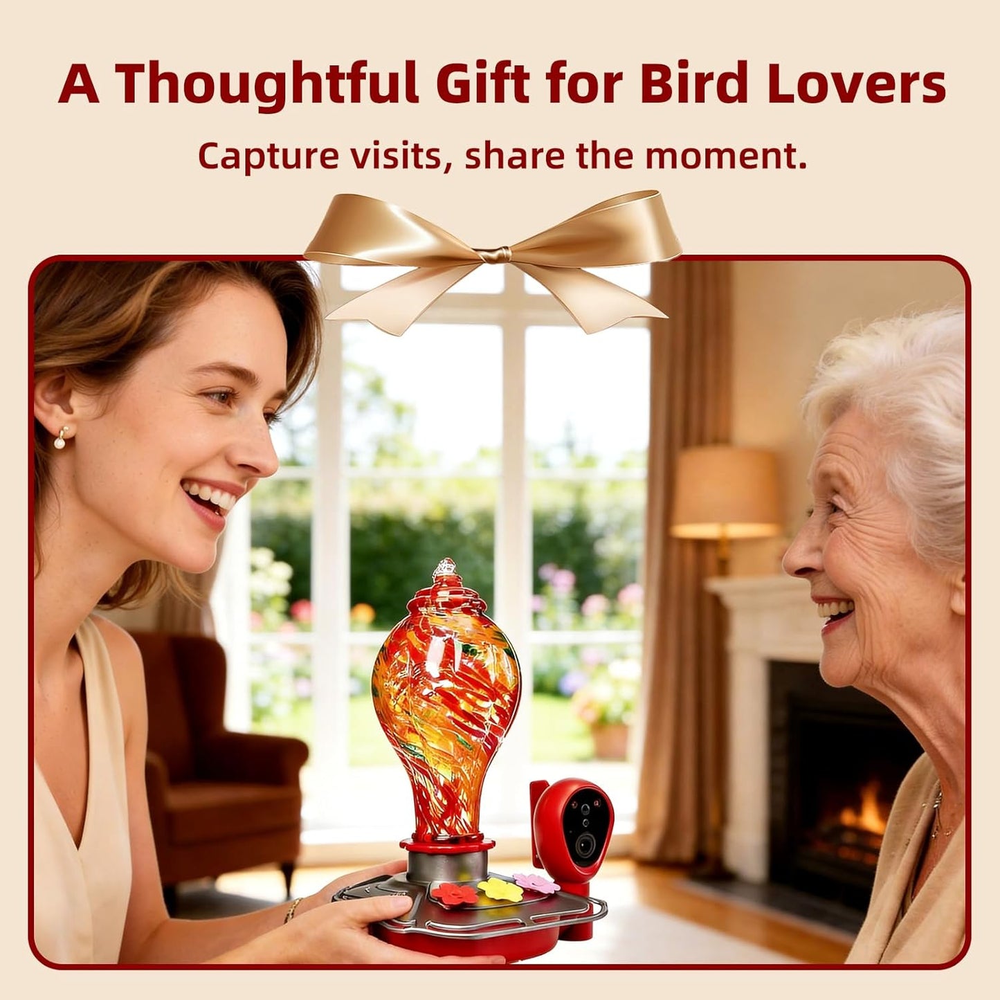 Smart Hummingbird Feeder with Camera, Solar Powered 2K HD Live View Glass Station, AI Bird ID & Motion Alerts, Auto Nectar Monitor, Leakproof Water Moat,Hummingbird Feeders for Outdoors & Hanging Gift
