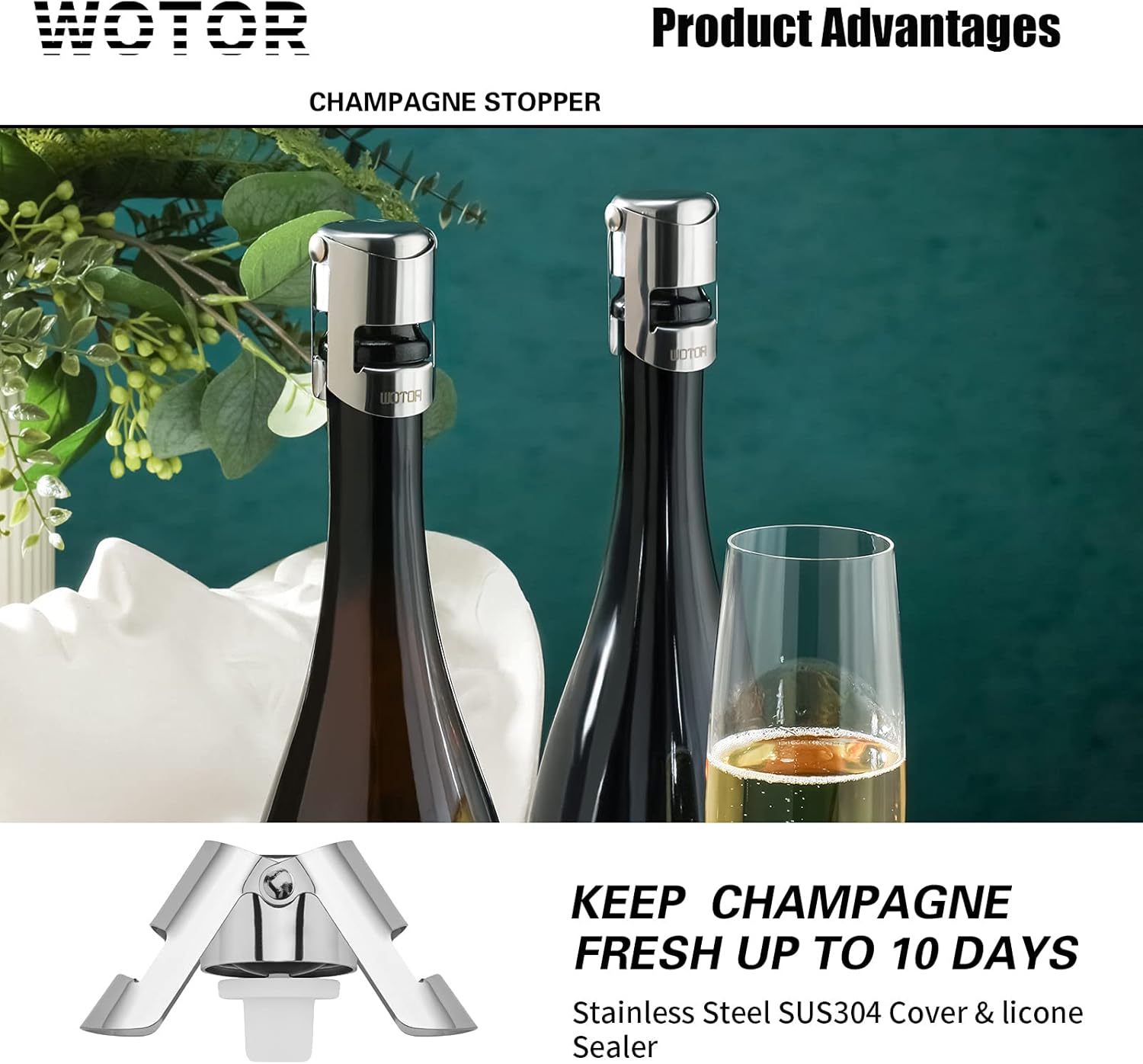 WOTOR Champagne Stoppers Stainless Steel, Prosecco Bottle Stopper with