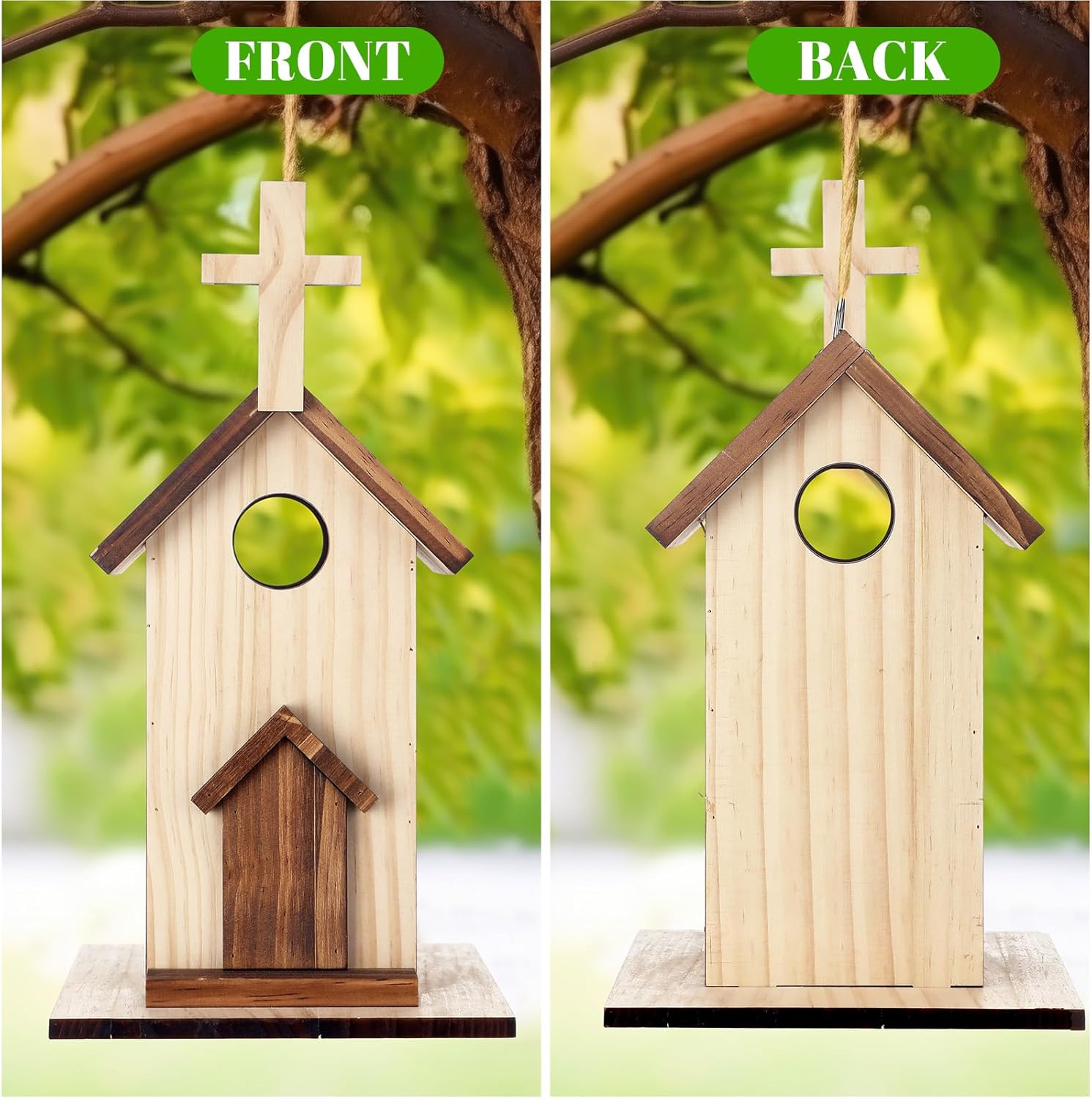 Leinuosen 2 Pcs Birdhouse Outdoor Hanging Wooden Church Birdhouse Cros