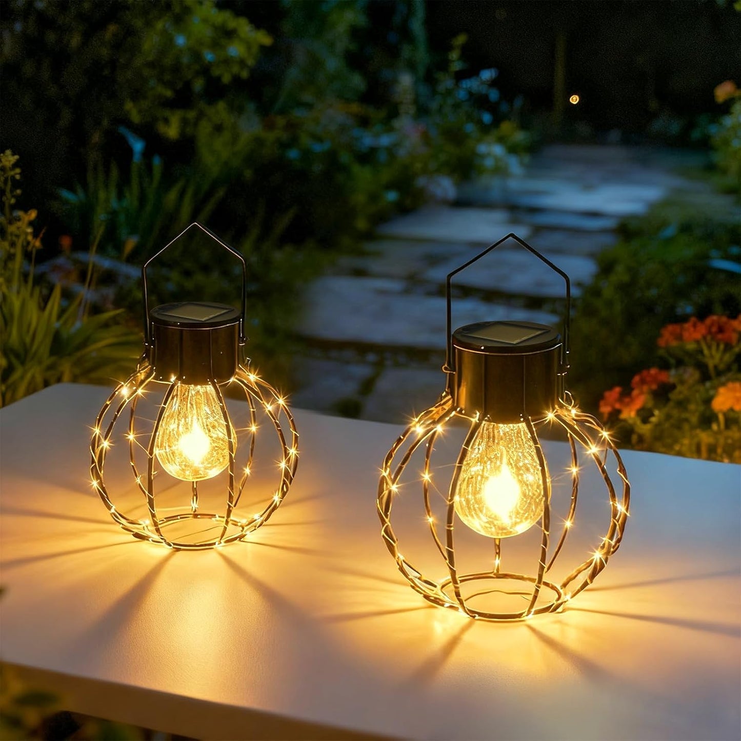 Hanging Solar Chandelier Lights, 8.19" Large Solar Pendant Lights Outdoor Waterproof with Warm White Bulb&String LED Inside, Decor for Patio, Garden, Yard, Pergola, Christmas, Camping, 2 Pack Gift Set
