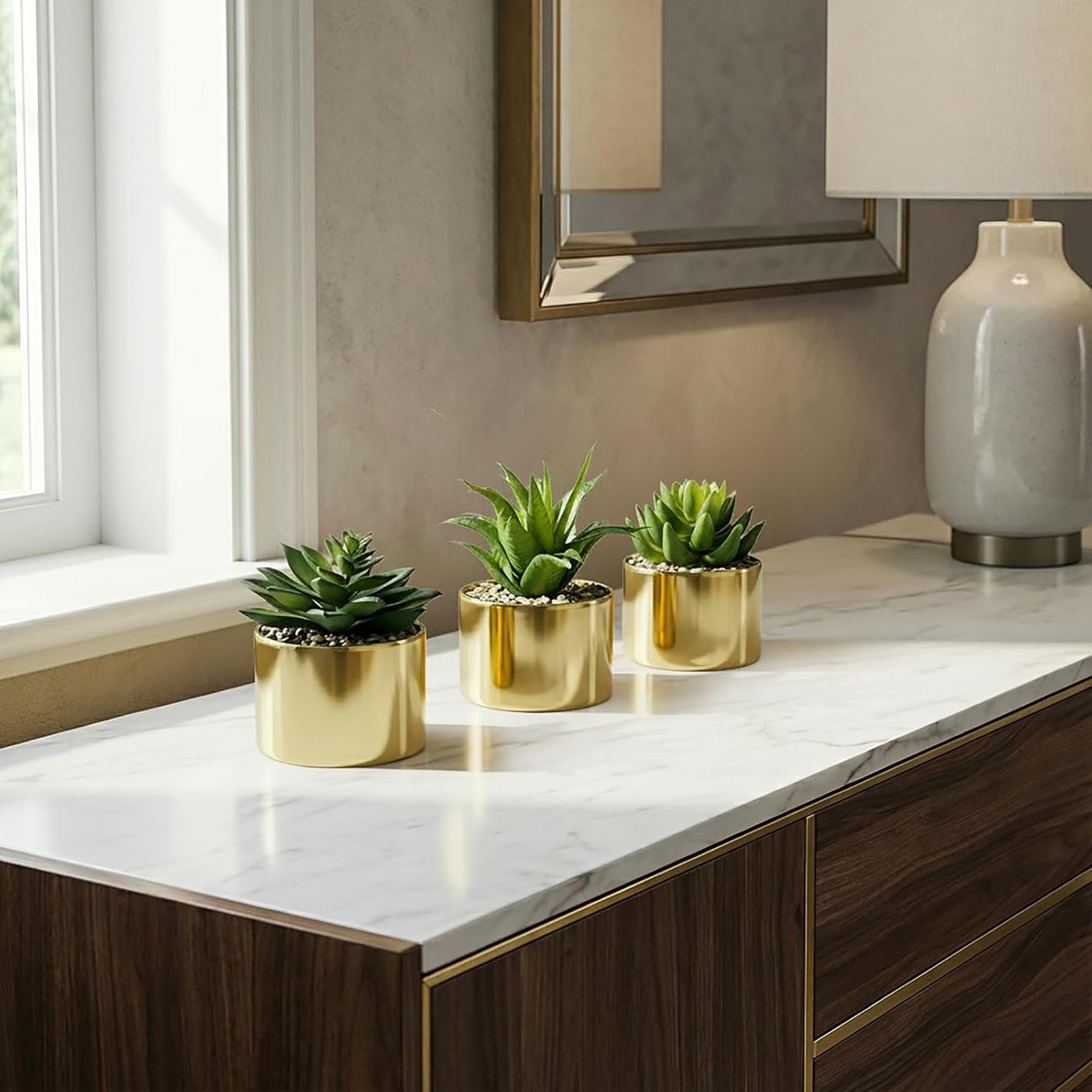 MyGift Set of 3 Artificial Succulent Decorations in Modern Brass-Tone Ceramic Planter Pots