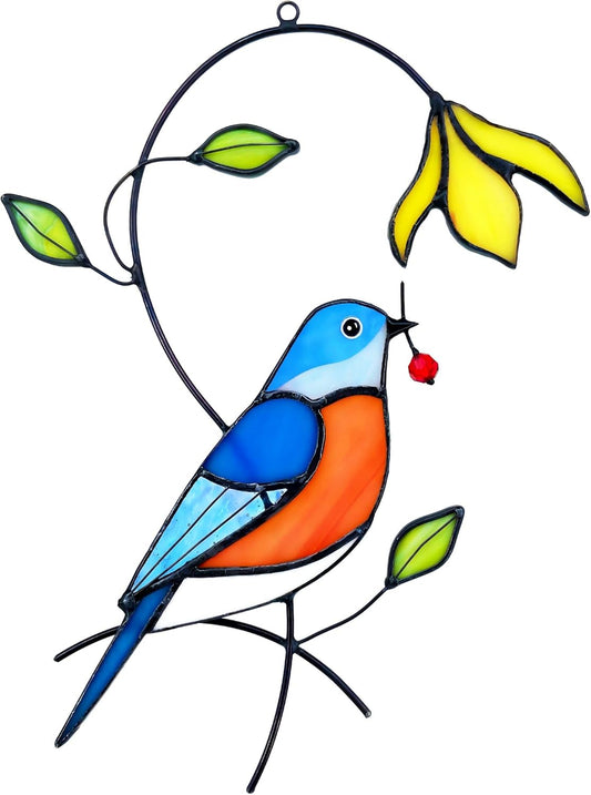 Bluebird Flower Stained Glass Window Hanging for Women, Mom, Grandma - Handmade Real Glass Bird Suncatcher - Elegant Gifts Box Home Decor (H7.7xW5.3 inch)