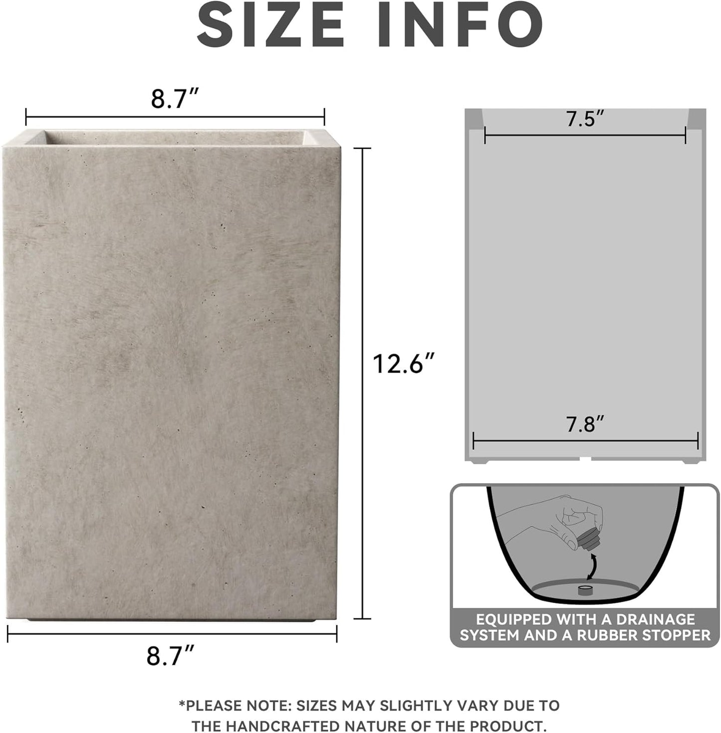 Kante 12.6" H Tall Rectangular Concrete Planters, Outdoor Indoor Light
