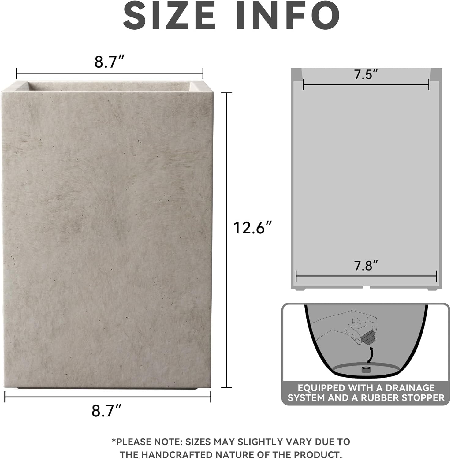 Kante 12.6" H Tall Rectangular Concrete Planters, Outdoor Indoor Light